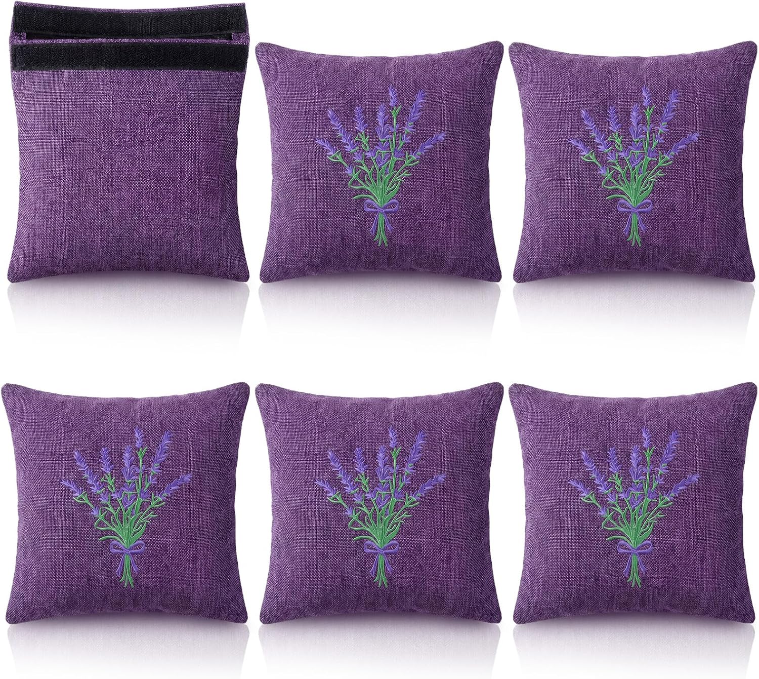 SATINIOR 6 Pack 6 x 6 Inch Embroidered Lavender Sachet Bags Sachet Empty Bags with Hook and Loop Fasteners Cotton Linen Pouch for Filling Spice Jewelry for Wedding (Purple,Novelty)