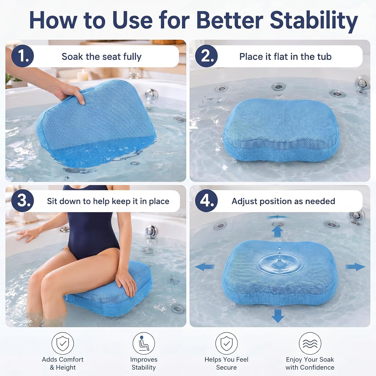 Yerliker 1 Pcs Foldable Hot Tub Booster Seat for Adults, Adjustable 2 Heights up to 6.3", Weighted Booster Seat 3D Air Mesh Hot Tub Accessories Quick Dry Micro Dot Non Slip for Spa Bathtub Pool