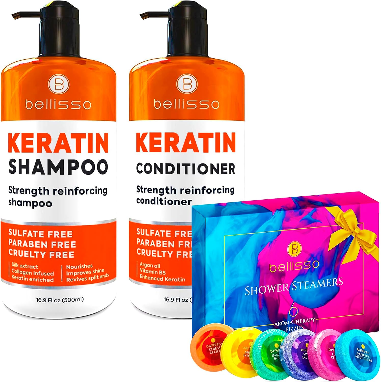 BELLISSO Aromatherapy Shower Steamers Set, 6 Fizzies, and Keratin Shampoo and Conditioner Set