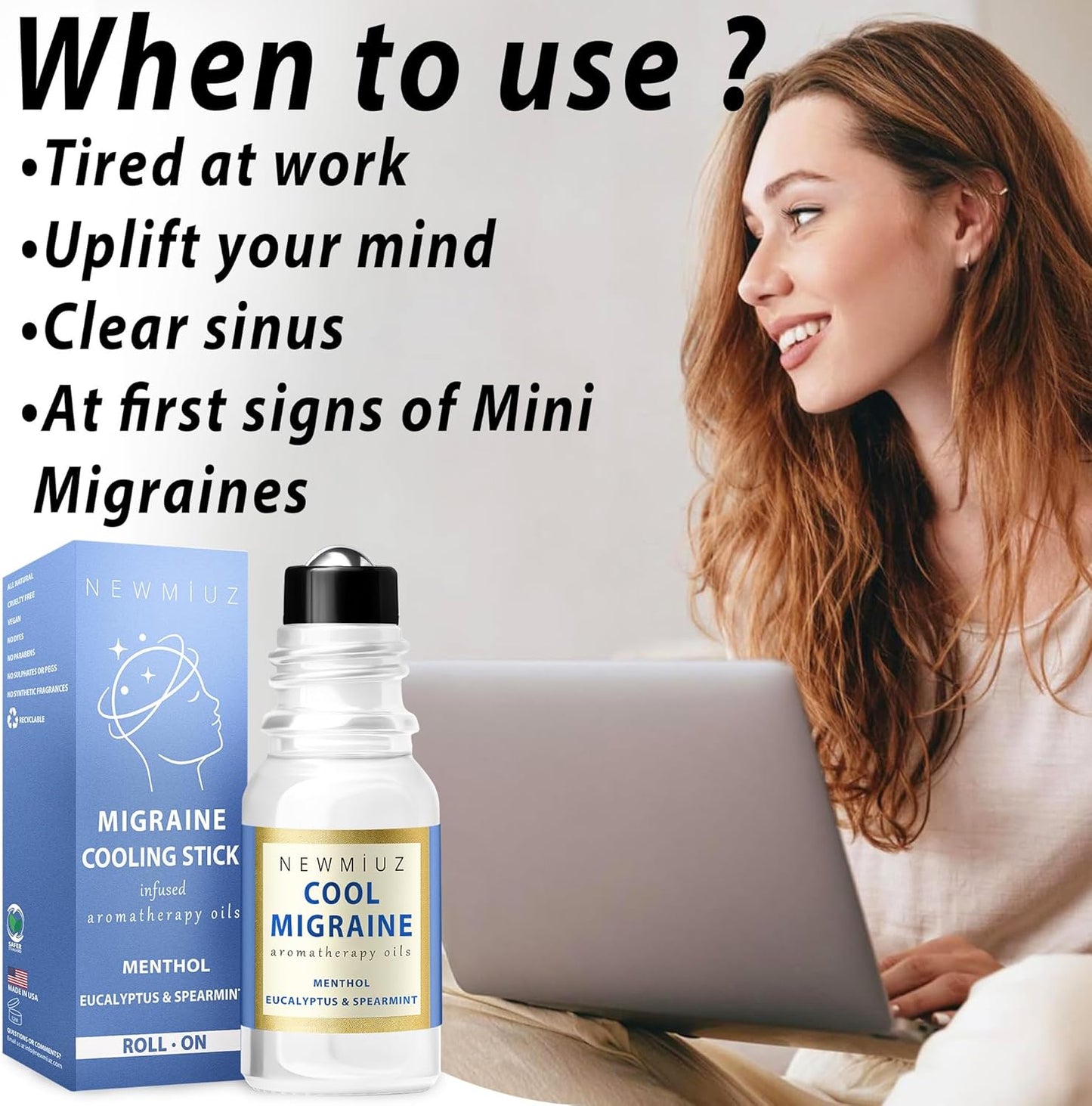 Cool Menthol Migraine Roll on Stick Natural Fast Cooling Peppermint Eucalyptus Aromatherapy Essential Oil for Headache Perfect Selfcare Gift Men Women