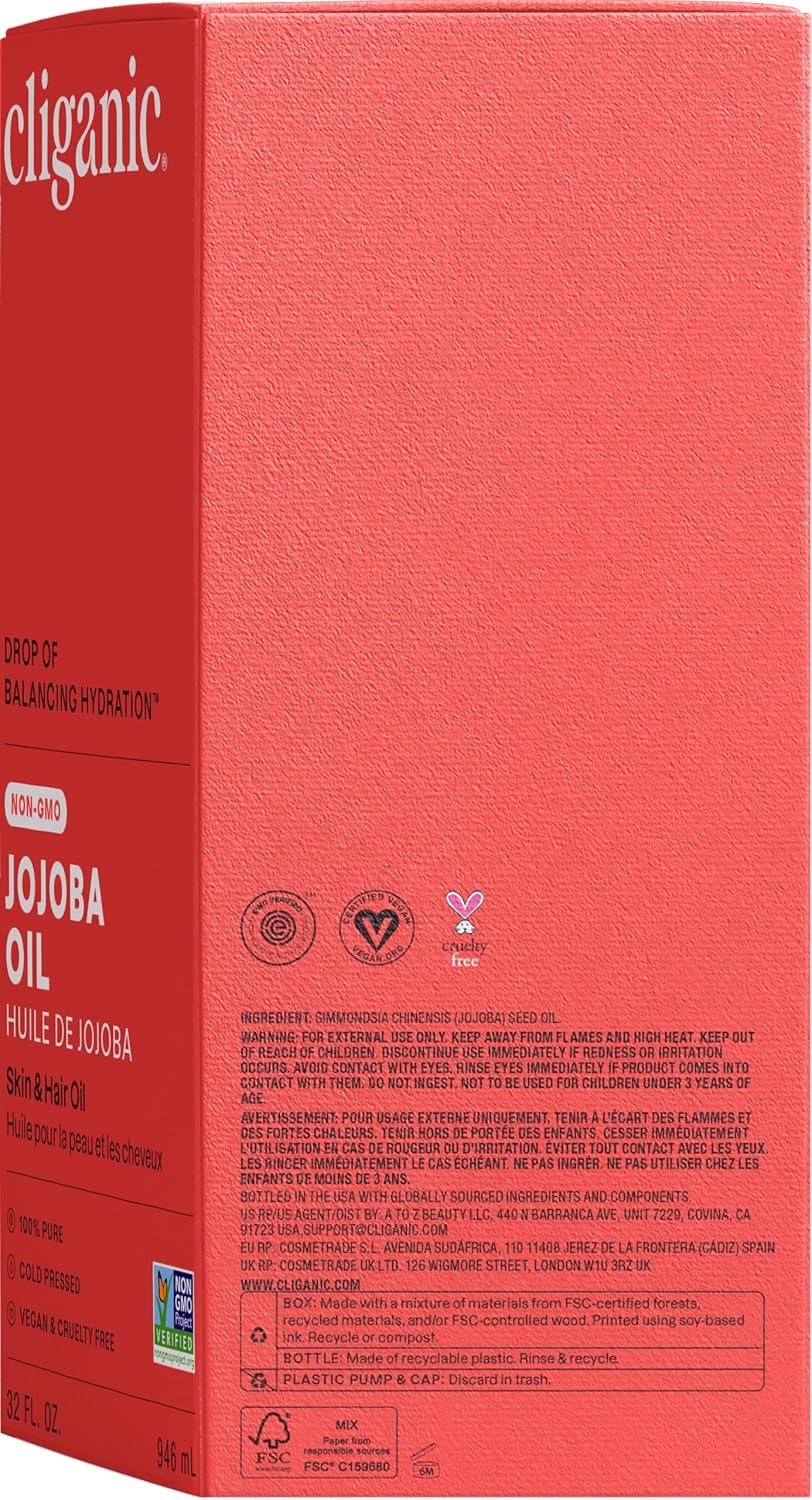 Cliganic Jojoba Oil Non-GMO, Bulk | 100% Pure for Skin, Hair & Face, Cold Pressed Natural Hexane Free - Hair Relaxer (32 oz)