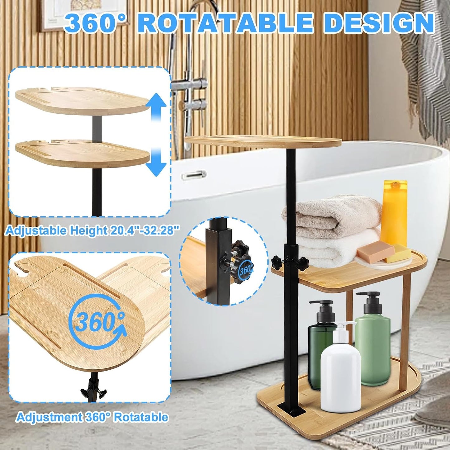 3 Layer Bath Tub Tray Table Liftable Freestanding Bamboo Bath Tray Caddy for Tub Against Wall Shelf Bathroom Organizer Shelf for Luxury Spa, Home Spa Bathtub Accessories