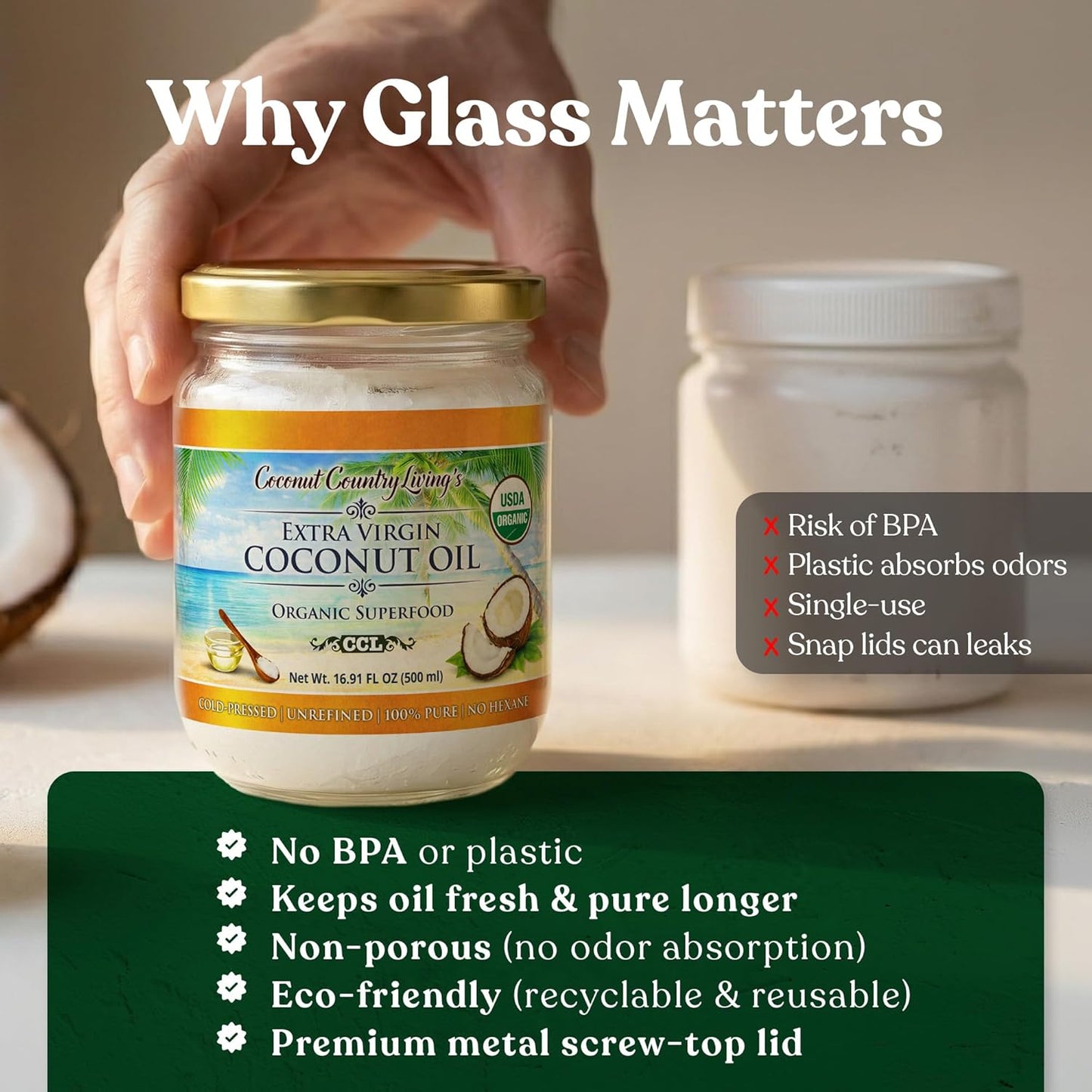 Organic Extra Virgin Coconut Oil - Unrefined Organic Cold Pressed | Ideal For Hair, Skin, Cooking, Body Massage, Beauty and Oil Pulling| Keto & Paleo Cooking Oil - 16.91 oz Coconut oil in Glass Jar