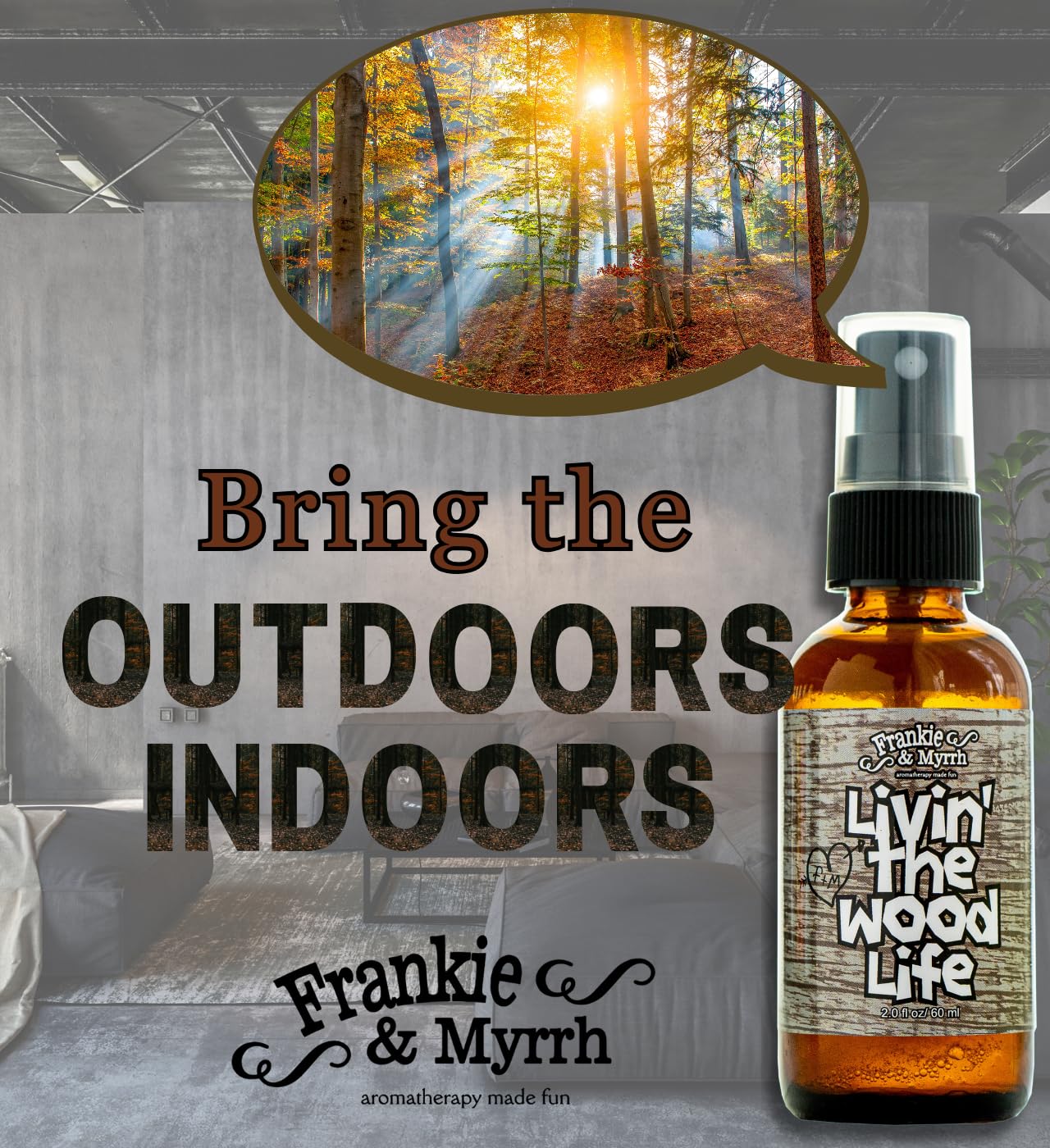 Frankie & Myrrh Livin' The Wood Life Aromatherapy Spray - Patchouli, Vanilla, Sandalwood, Cedar. Relaxation and Meditation Essential Oil Freshwater Mist. 100% Pure Oils.