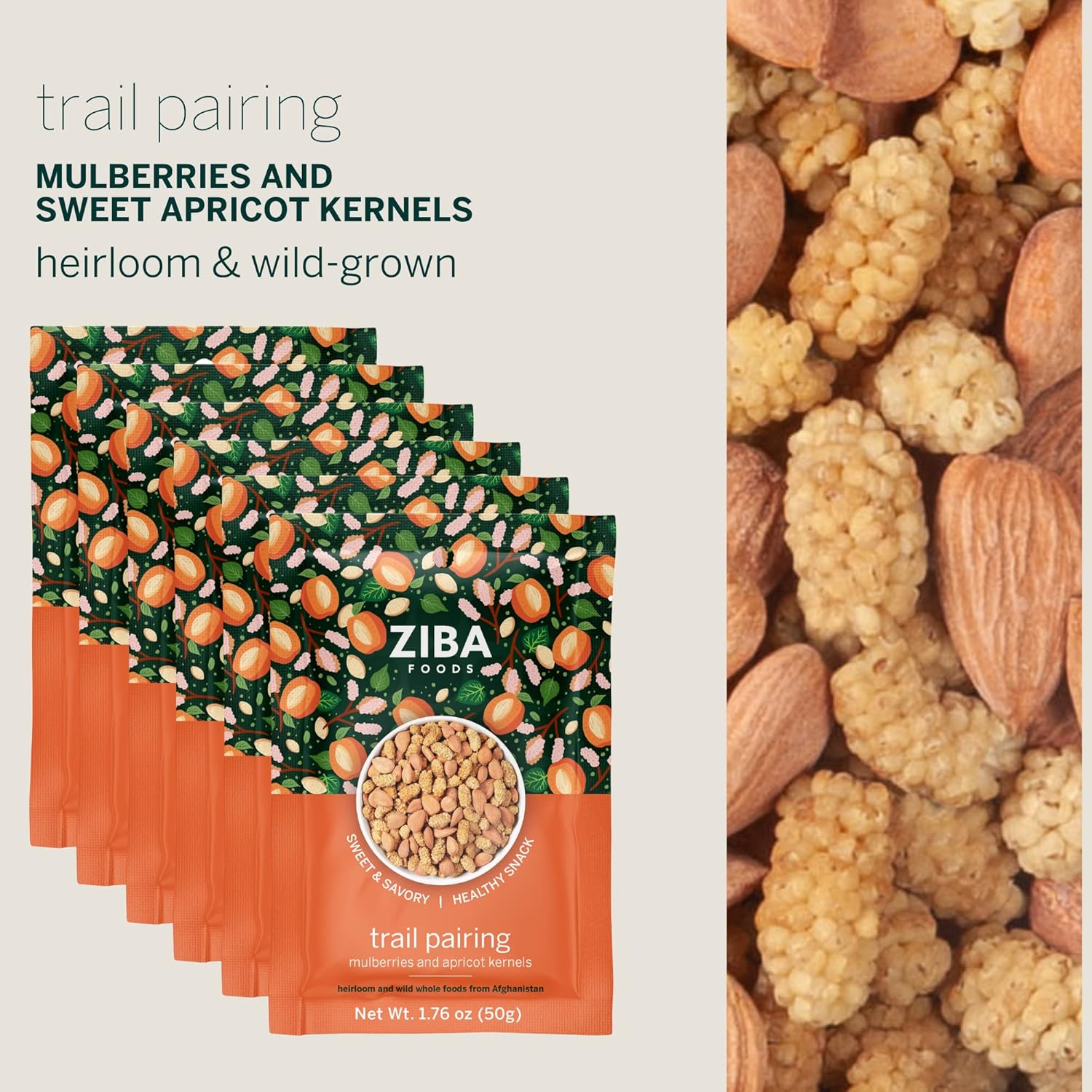 Ziba Foods Trail Pairing - Sweet Apricot Kernels & Dried Mulberries Mix - Non-GMO, Vegan, Whole 30 Friendly & Paleo - High in Fiber, Iron & Immune Boosting Antioxidants - Sweet & Savory, Pack of 6