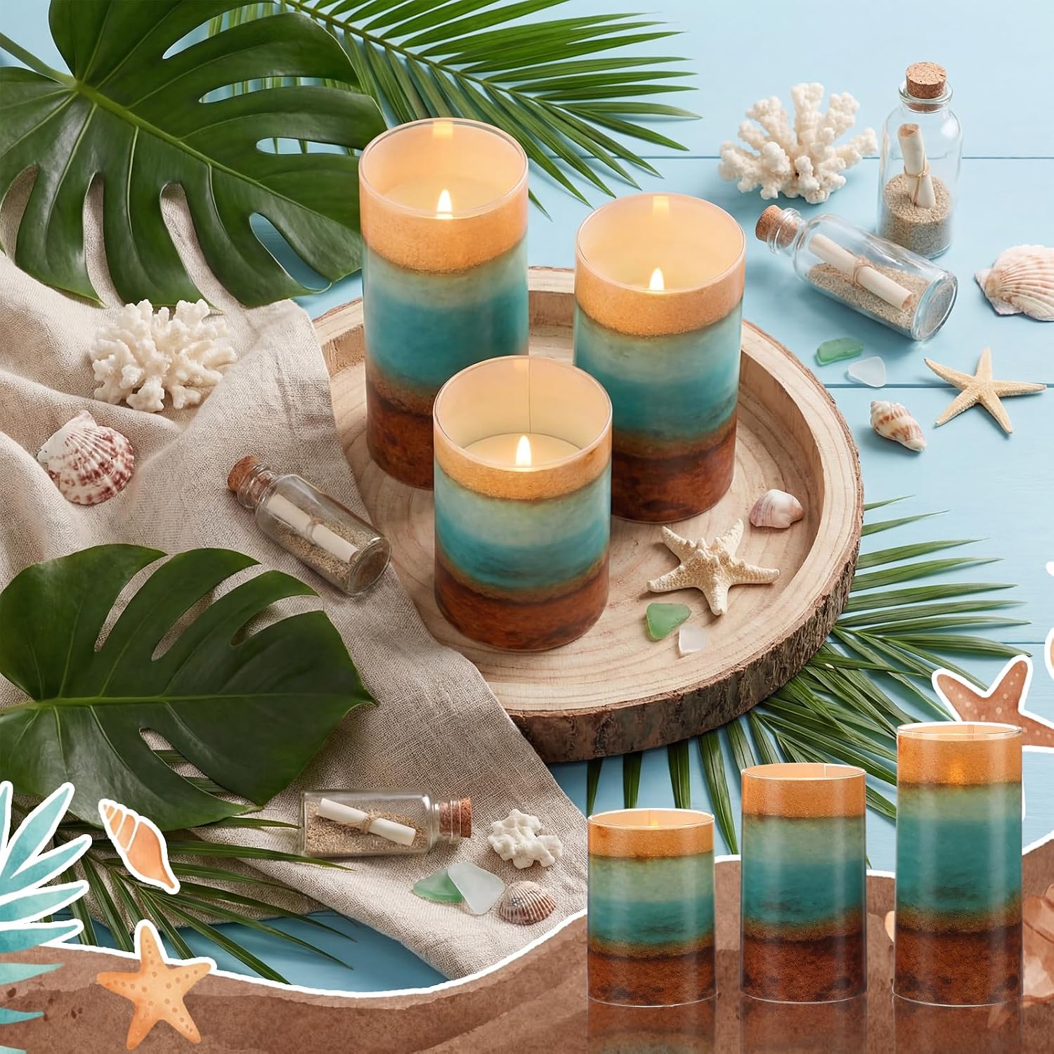Tujoe 3 Pcs Summer Ocean Flameless Candles Teal Beach LED Battery Pillar Candles Set Battery Operated Coastal Nautical Decorations Flickering Gifts with Remote Decorations for Holiday