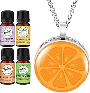 Wild Essentials Orange Slice Necklace Essential Oil Diffuser Kit, Lavender, Lemongrass, Peppermint, Orange Oils, 8 Refill Pads, Calming Aromatherapy Gift Set, Customizable, Perfume