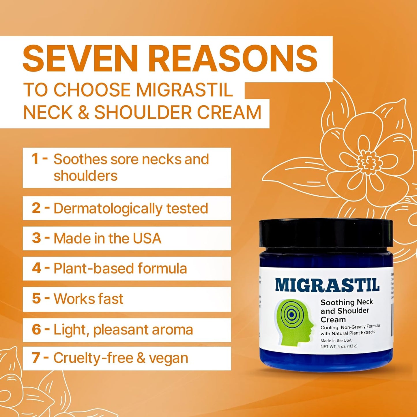Basic Vigor Migrastil Neck & Shoulder Cream. Cooling Comfort for Migraines, Tech Neck & Tension. (4 oz.) Made in The USA.