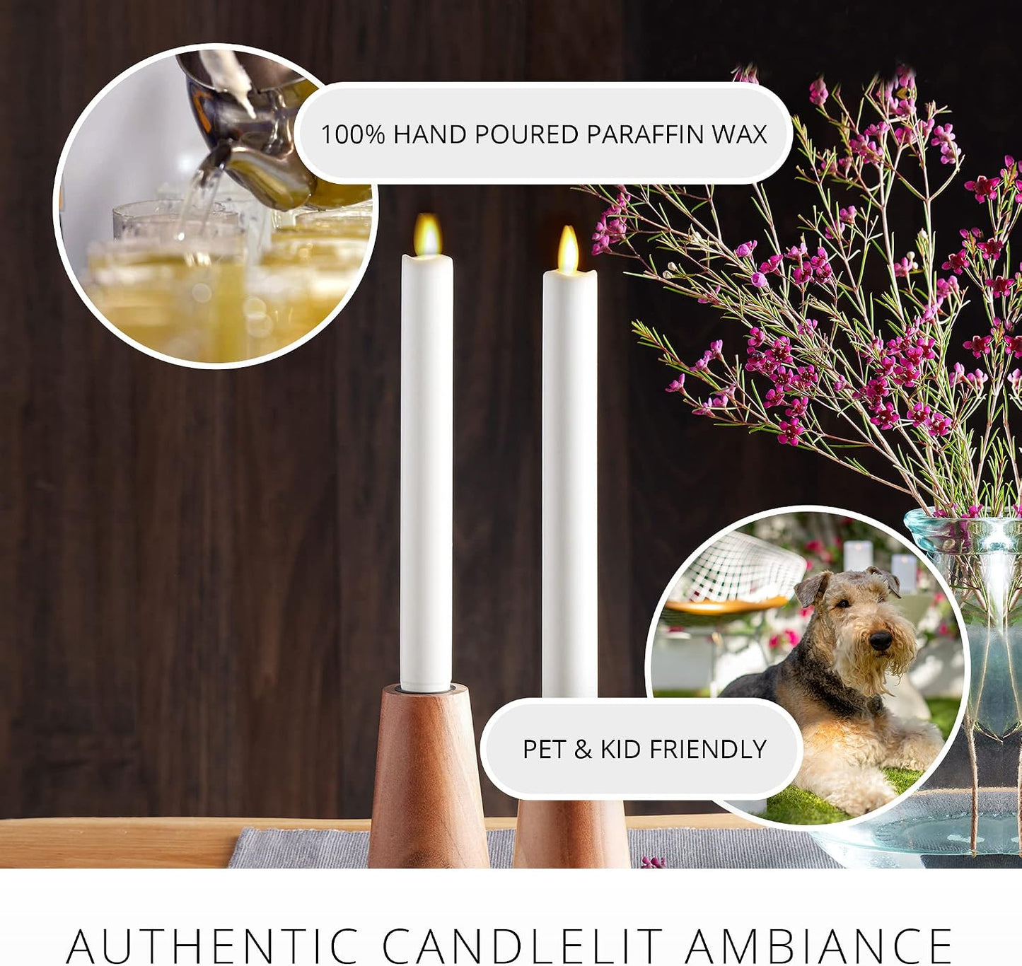 Luminara Set of 2 Moving Flame LED Taper (1x9.75), Flameless Candle, Melted Edge, Smooth Wax, Unscented (White)