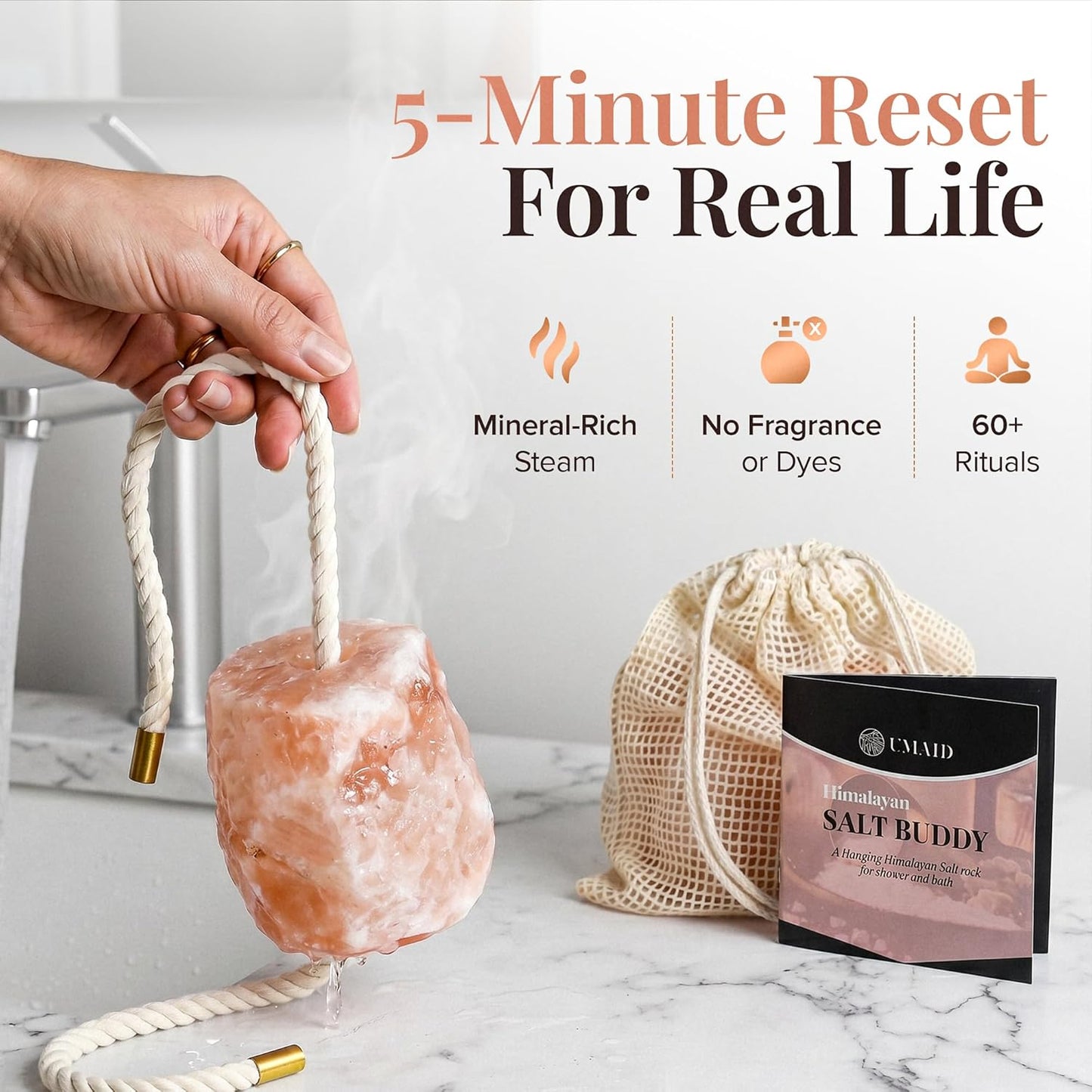 UMAID Himalayan Pink Salt Rock for Shower & Bath – Salt Buddy® 2 lb Hanging Mineral Stone for Spa-Inspired Relaxation, Self-Care & Bath Soaks, Unique Wellness & Home Spa Gifts for Men & Women