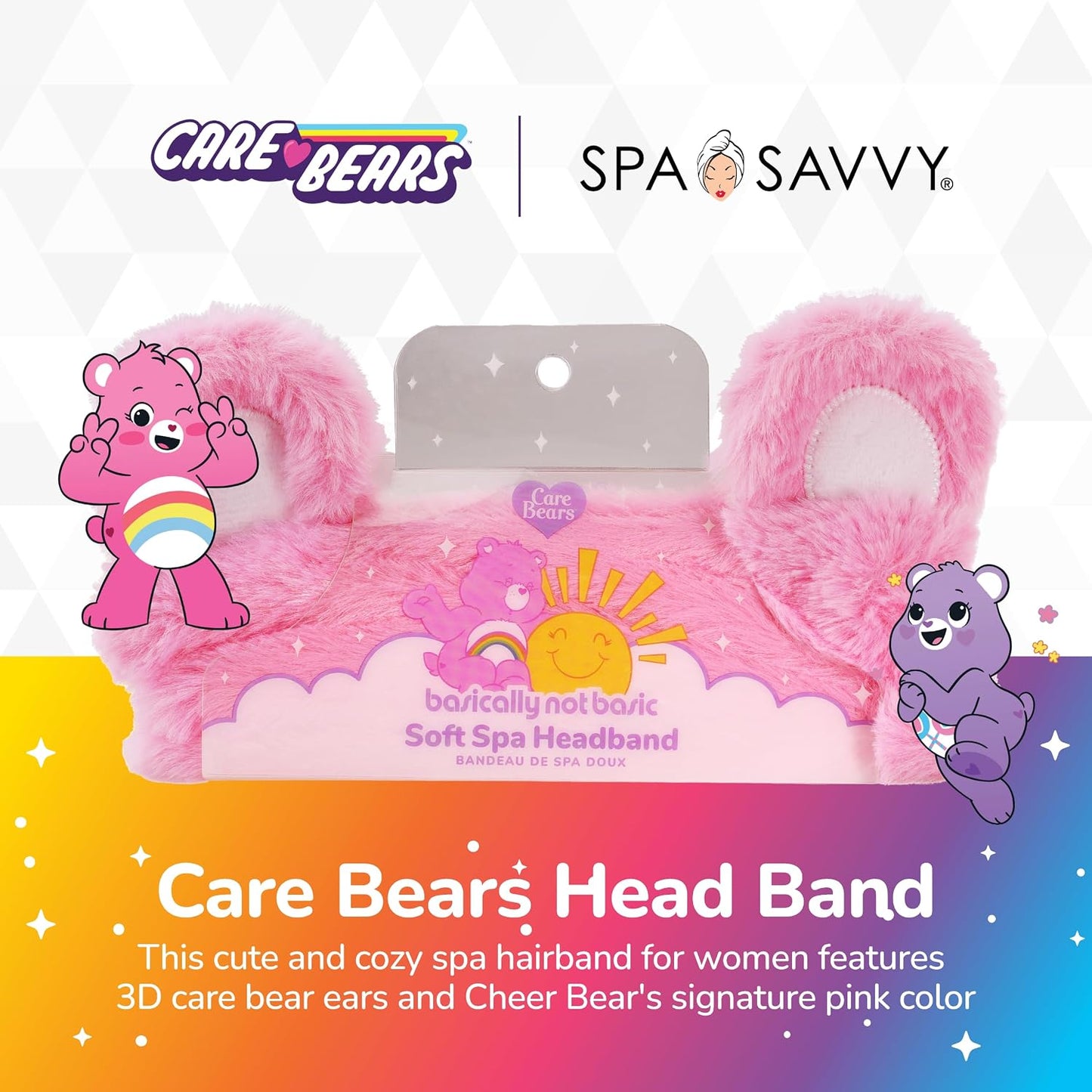 Care Bears Skincare Headband, Cheer Bear Pink Spa Hair Band with 3D Ears for Face Wash, Makeup, and Skin Care Routine