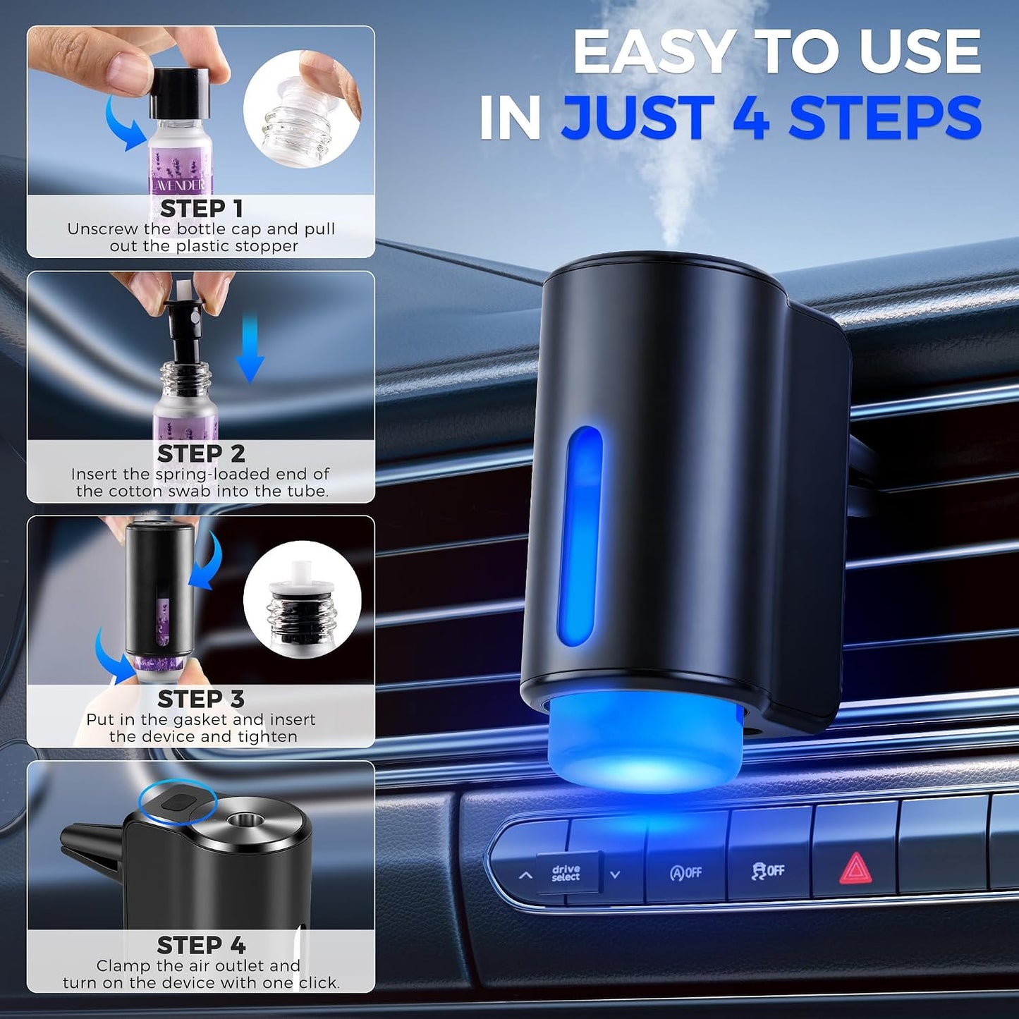 Car Air Freshener Diffuser, Smart Car Air Freshener, Auto On/Off with 3 Modes, Vent Clip, Long Lasting with 10 Essential Oils in 5 Scents (2 Pack)