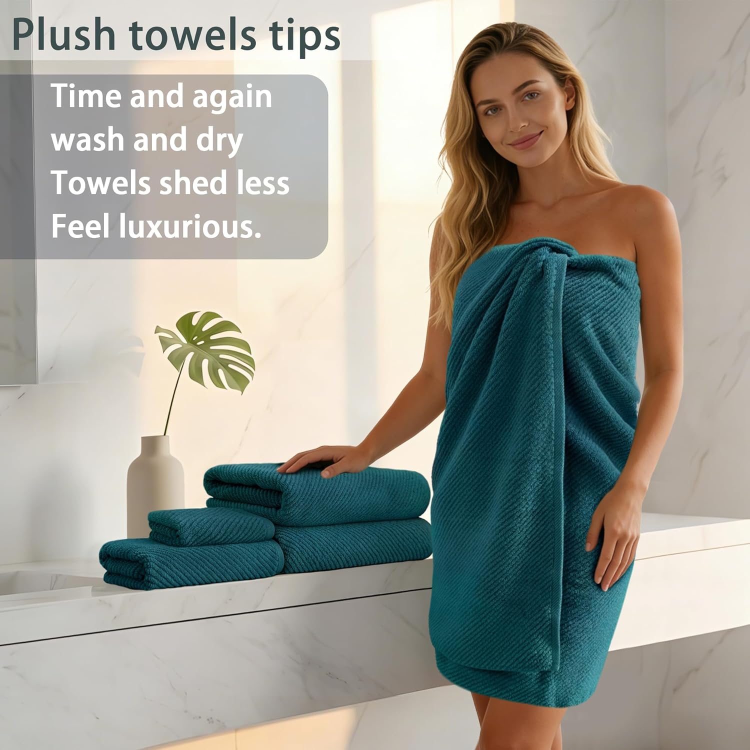 VOOVA & MOVAS Towels Set for Bathroom, 100% Cotton | Quick Dry | Soft | Thick, 3 Piece Towel Set, 1 Large Bath 30" x 56", 1 Hand 18" x 28", 1 Wash Cloth 13" x 13", Bathroom Essentials, Deep Turquoise