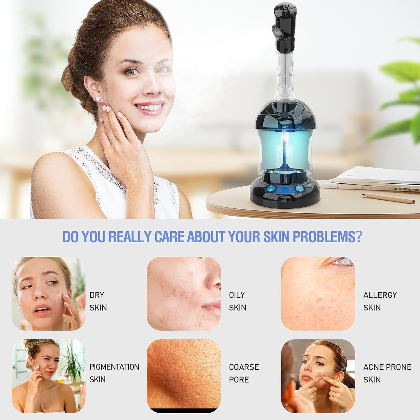 Facial Steamer - Ozone Steamer with Extendable Arm - Professional Nano Ionic Facial Steamer for Deep Cleaning - Portable for Personal Care Use at Home or Salon