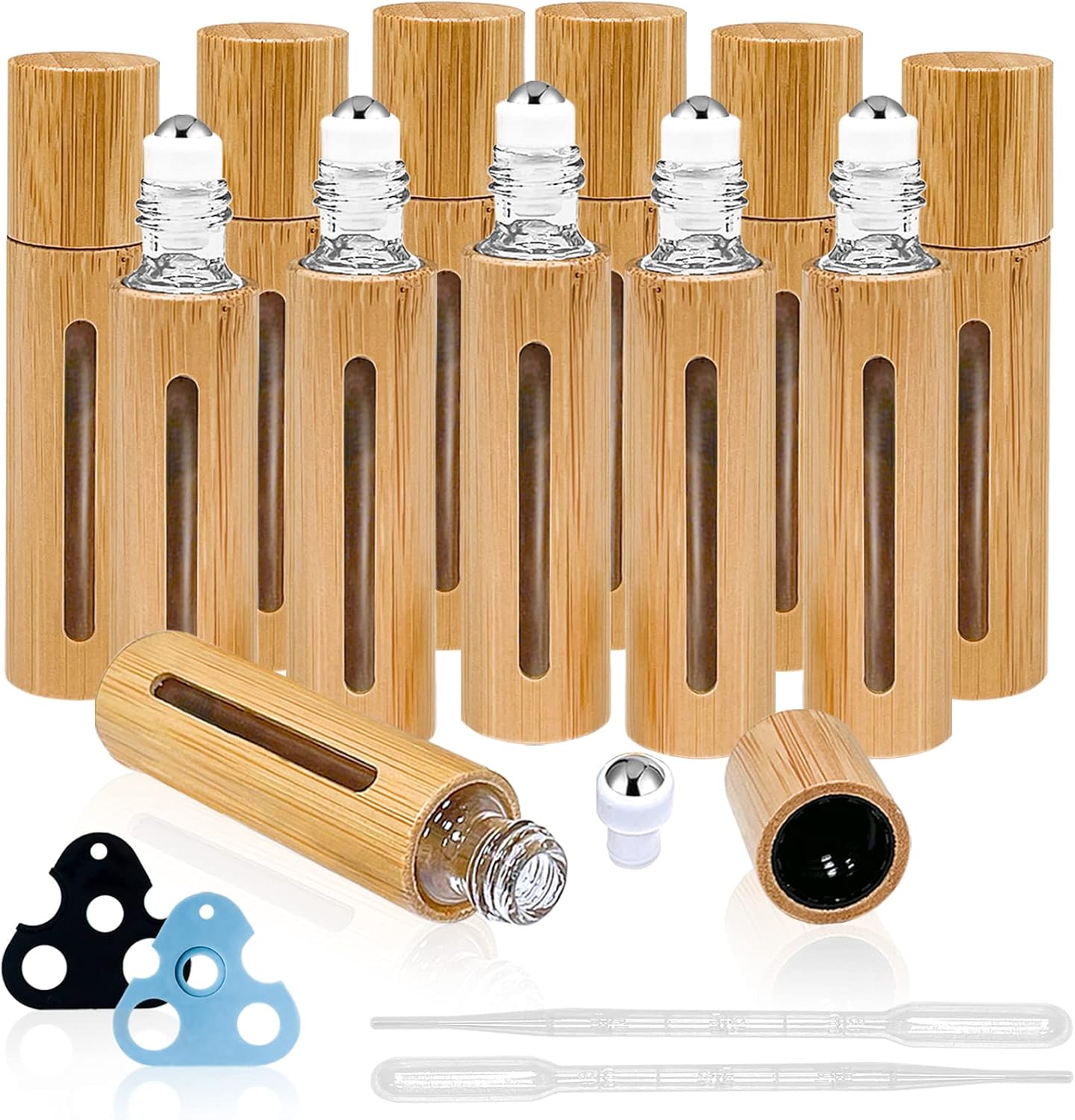 KALYLOC 12Pcs 10ml Bamboo Roll on Bottles for Essential Oils, Refillable Perfume Sample With Stainless Steel Roller, 2Pcs Openers and 2Pcs 3ml Funnels