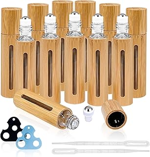 KALYLOC 12Pcs 10ml Bamboo Roll on Bottles for Essential Oils, Refillable Perfume Sample With Stainless Steel Roller, 2Pcs Openers and 2Pcs 3ml Funnels