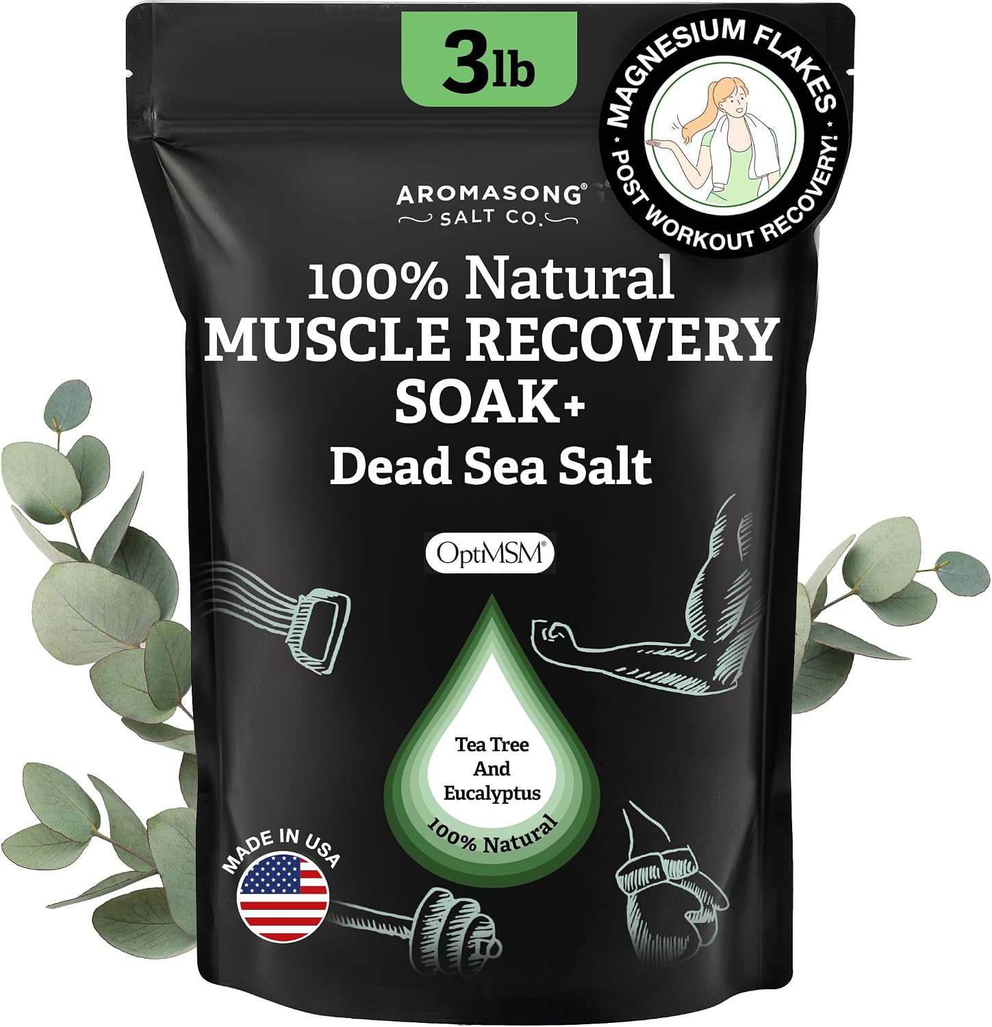 Aromasong Muscle Recovery Bath Soak 3 LB - Natural Bath Salt with Dead Sea Salt, Pure MSM, Magnesium Flakes & Essential Oils for Post Workout Soreness - Made in USA