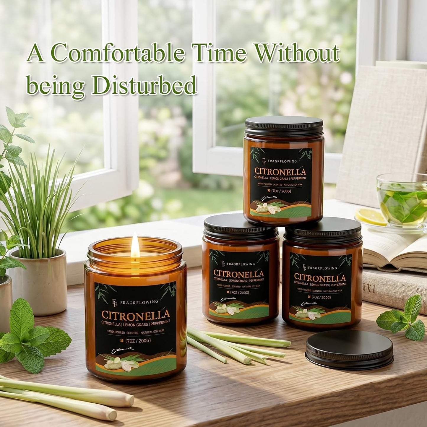Citronella Candles Set, Indoor Outdoor Lemongrass Scented Candles，Natural Soy Wax Jar Candle, 200-Hour Burn Time, 28 oz (4 Pack)