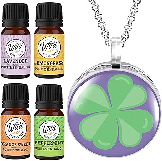 Wild Essentials Four Leaf Clover Necklace Essential Oil Diffuser Kit, Lavender, Lemongrass, Peppermint, Orange Oils, 8 Refill Pads, Calming Aromatherapy Gift Set, Customizable, Perfume, Luck