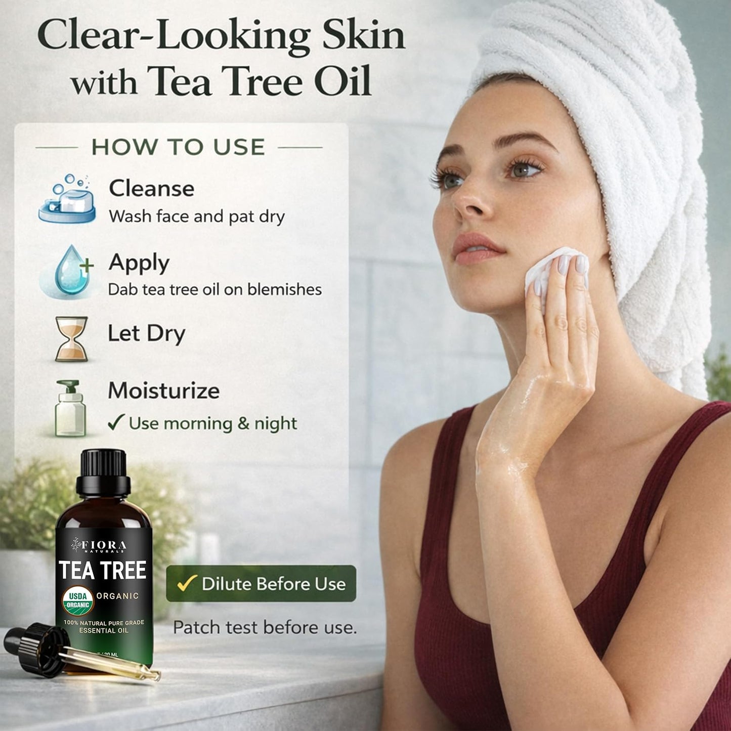 Tea Tree Oil – 100% Pure Organic Tea Tree Essential Oil for Skin, Face, Hair, Scalp, Nails, and Toenail – Therapeutic Grade Tree Tea Oil for Acne & Hair Growth – 1 fl oz - By Fiora Naturals