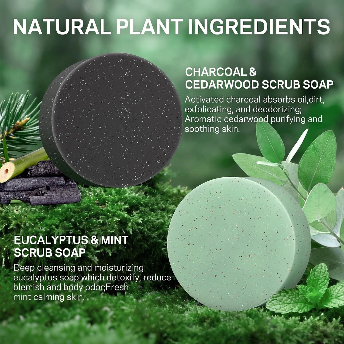Exfoliating Body Scrub Soap Bar, 2 Pack Eucalyptus & Charcoal Soaps, Dead Sea-Salt Exfoliating Soap for Men & Women, Detox Cleansing, Smooth & Soften Skin, Soap Bars for Gifts