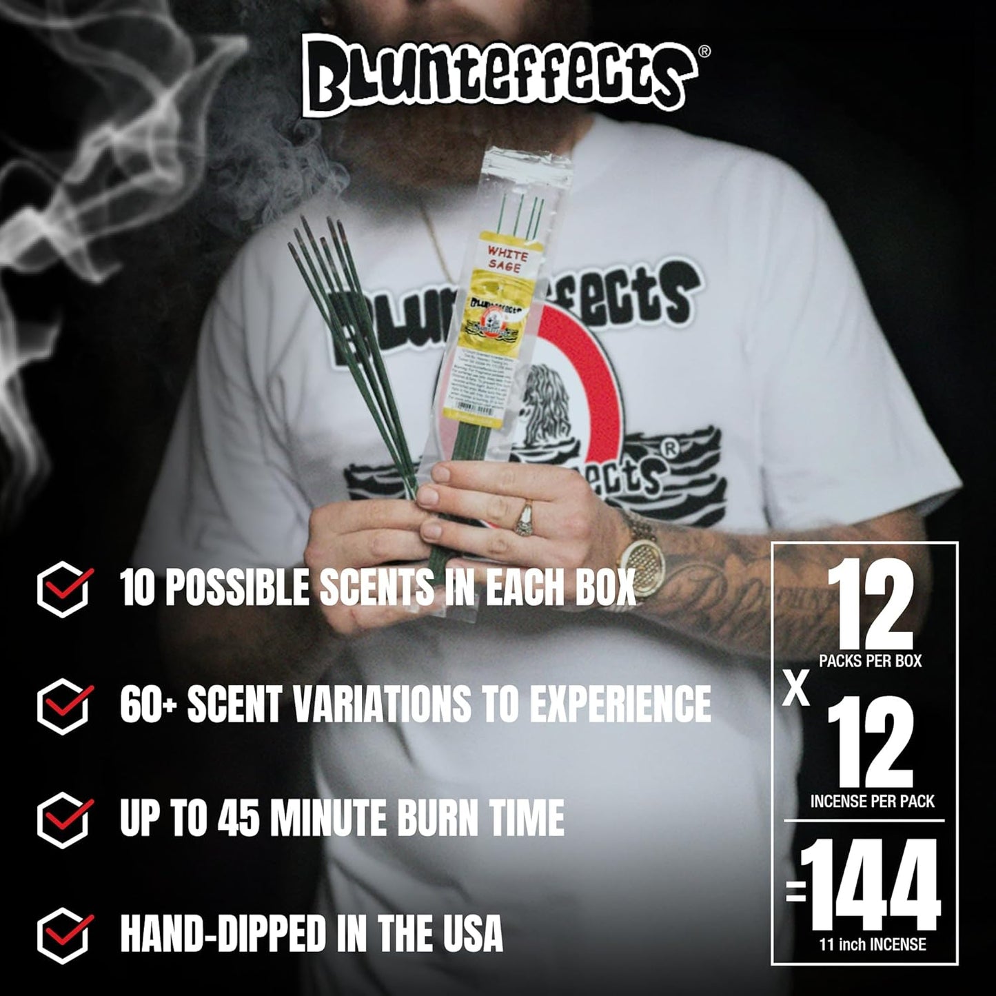 Blunteffects Hand-Dipped Incense Sticks - Premium 144-Pack Variety Set, 12 Different Scents, 11" Long, USA-Made Aromatherapy with Long Burn Time (12 Pack, 144 Total Sticks)