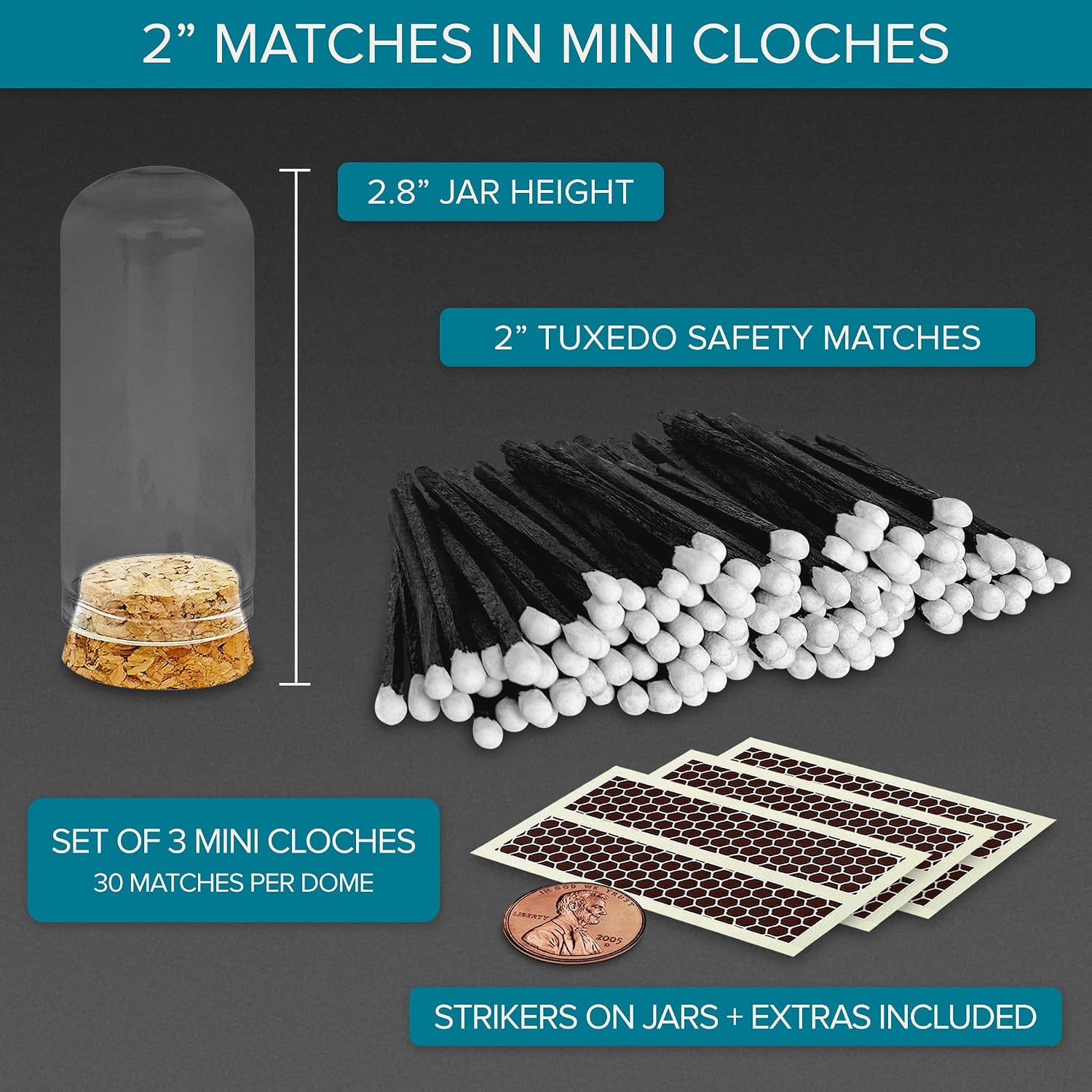 2" Tuxedo Matches with Mini 3 Cloche Jar + Striker Stickers Included | 100 Black Stick White Tip Decorative Matches with Small Holder | Gifts, Home Decor, & Candle Accessories by Thankful Greetings