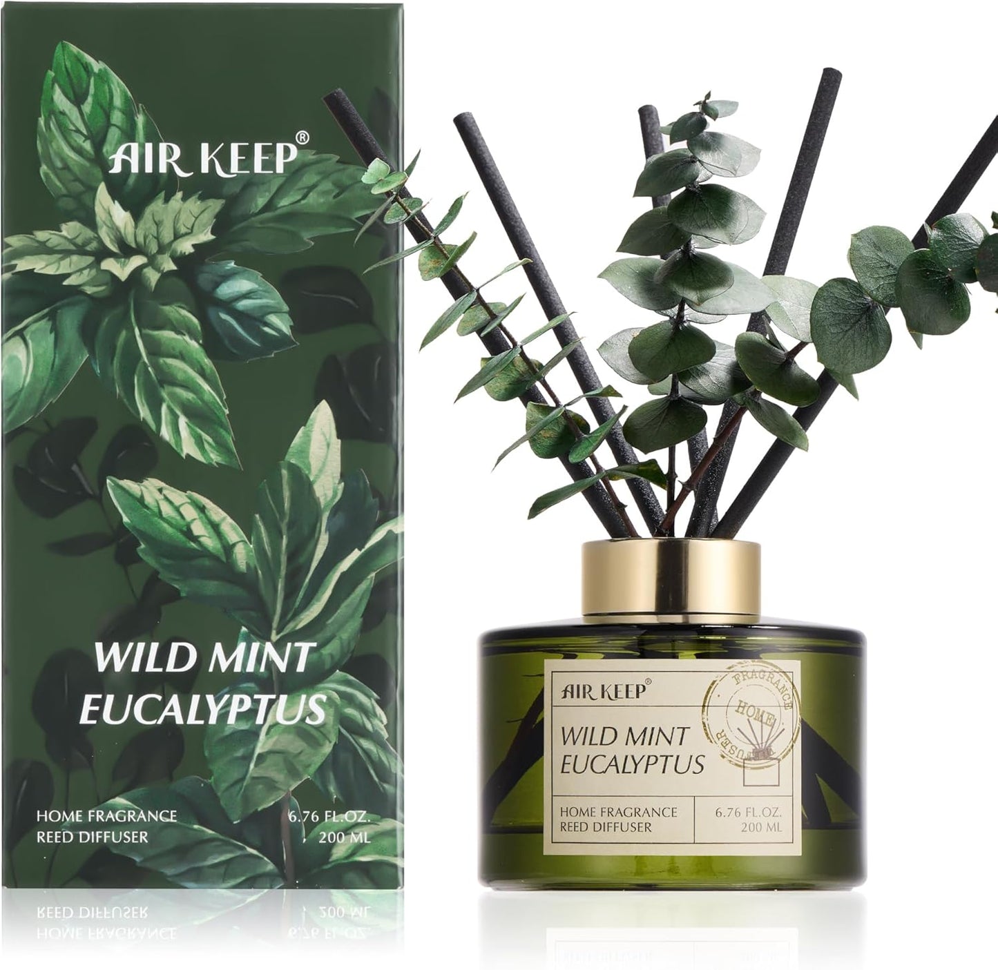 Airkeep Reed Diffuser Set with 6.76 fl oz Wild Mint & Eucalyptus Scent Essential Oils and 3 Leaves & 8 Diffuser Sticks,Bathroom Shelf Decor & Air Freshener, House Bedroom Office Decor & Gifts