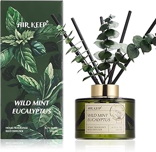 Airkeep Reed Diffuser Set with 6.76 fl oz Wild Mint & Eucalyptus Scent Essential Oils and 3 Leaves & 8 Diffuser Sticks,Bathroom Shelf Decor & Air Freshener, House Bedroom Office Decor & Gifts