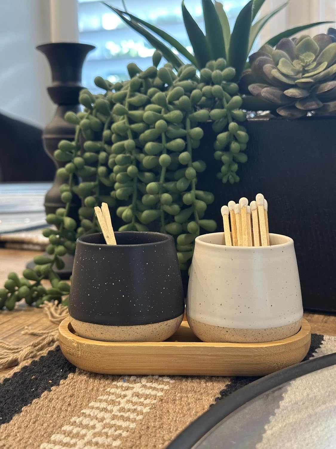 Set of 2 Ceramic Match Holders with Built-in Strikers and Wooden Tray - Modern Decorative Jar for Matches - Stylish Storage for Candles, Fireplaces, Jewelry *Matches not included*