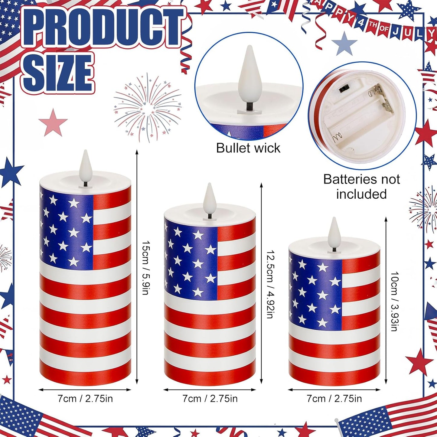 Tuanse Set of 3 Patriotic American Flag Flameless Candles 250th Anniversary Battery Operated 4th of July American Flag Pillar Candle, Mixed Size LED Light Candle for Table Dinner Independence Decor