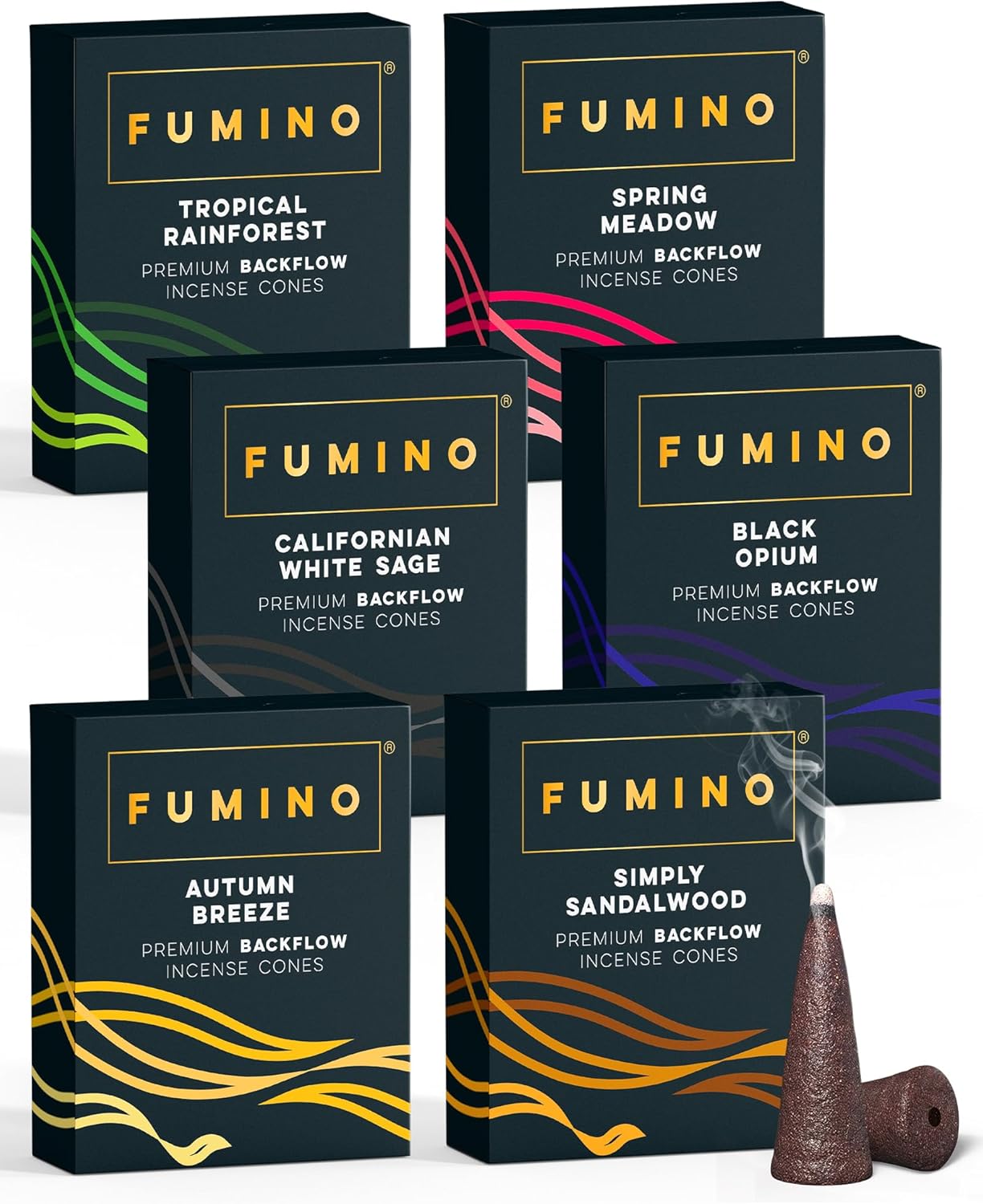 Fumino Backflow Incense Cones 90 Pack 6 Fragrances - Natural Masala Backflow Cones for Waterfall Cascade Smoke, Relaxation & Meditation, Bureau Veritas Certified, Hollow-Core for Backflow Burners