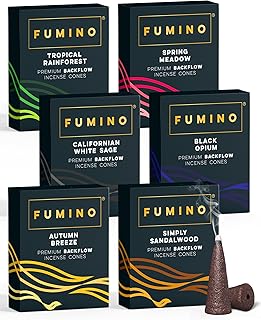 Fumino Backflow Incense Cones 90 Pack 6 Fragrances - Natural Masala Backflow Cones for Waterfall Cascade Smoke, Relaxation & Meditation, Bureau Veritas Certified, Hollow-Core for Backflow Burners