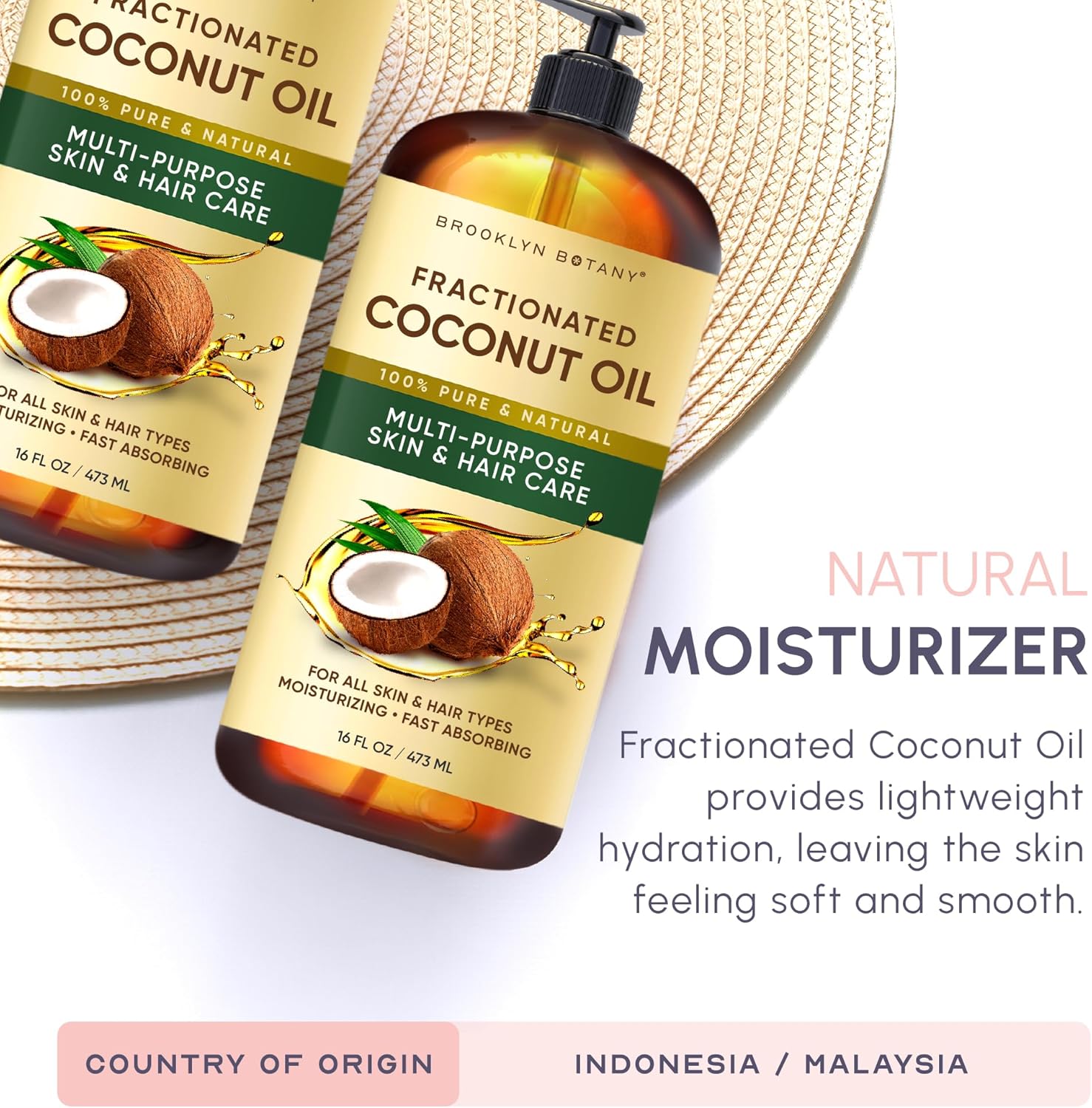 Brooklyn Botany Fractionated Coconut Oil | 16 Fl Oz | Hair | Face | Body | 100% Pure and Natural | Carrier Oil | Aromatherapy | Massage | Ayurvedic Hair Care | Hexane-Free