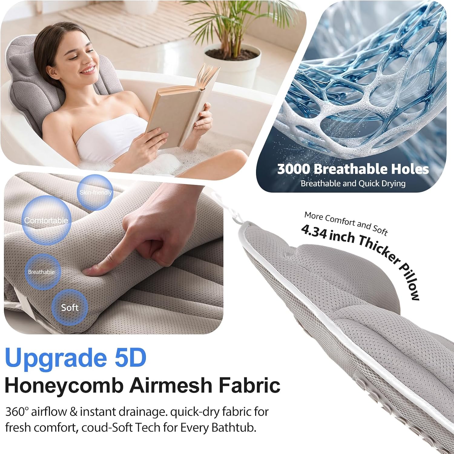 Full Body Bath Pillow for Bathtub, Thick 5D Air Mesh Luxury Spa Tub Cushion with Adjustable Lumbar Support, Extra Long Bathtub Pillow for Head and Neck Back, 192 Non-Slip Suction Cups, Gray, 56" x 19"