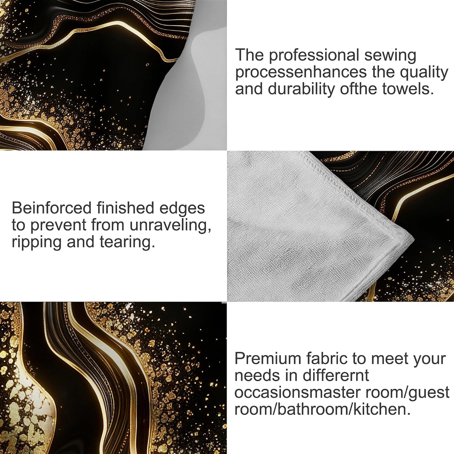 Hand Towels for Bathroom Black Gold Marble Kitchen Towels Set of 2 Soft Breathable Highly Absorbent Bath Towels for Bath Guest Gym Spa, 14.4x28.3 Inch