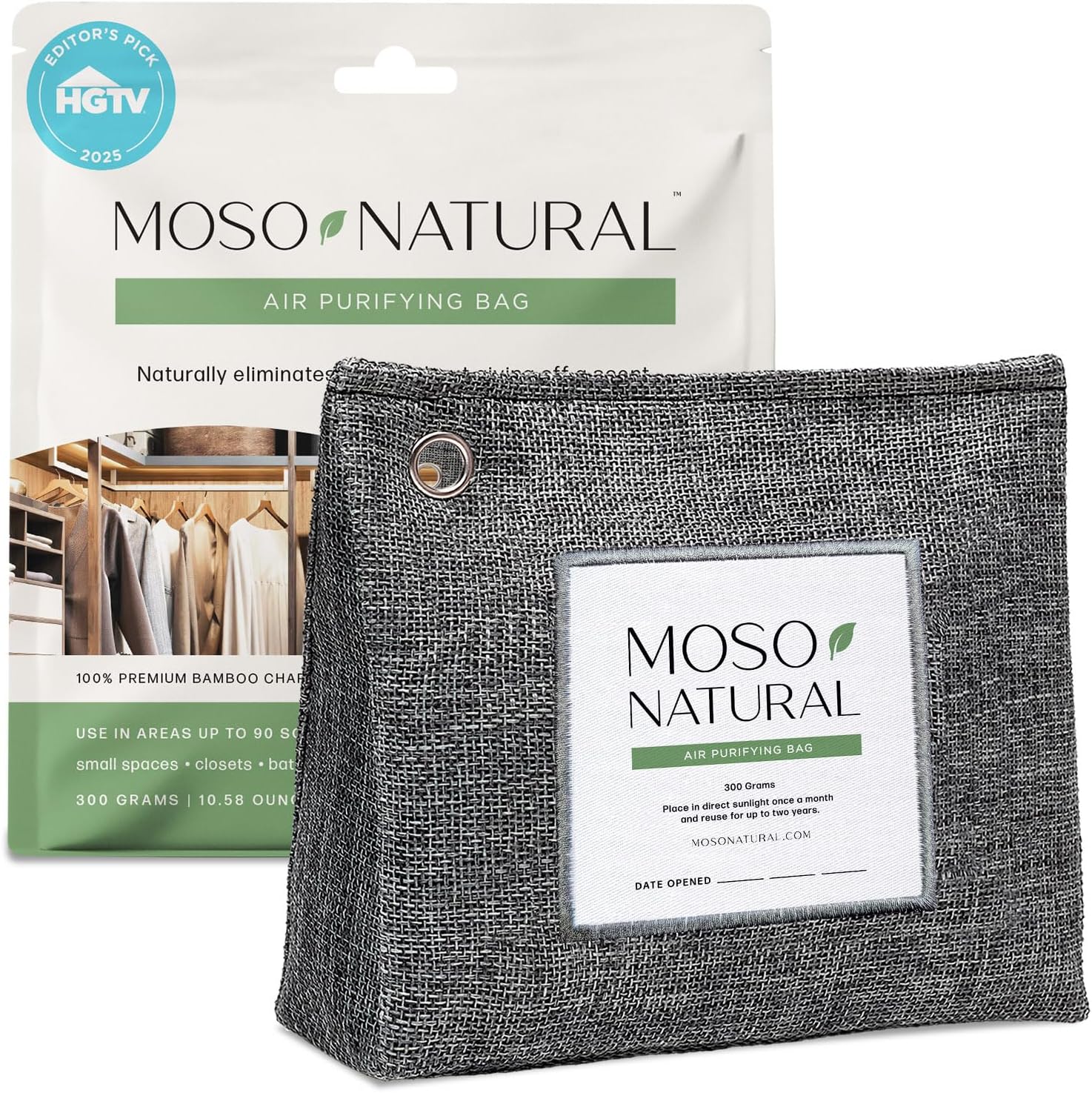 Moso Natural Air Purifying Bag 300g, Premium Charcoal Odor Absorber & Deodorizer for Closets, Bathrooms & Small Spaces — Lasts 2 Years, Pet Odor Eliminator for Home, Unscented Bamboo Charcoal Bag