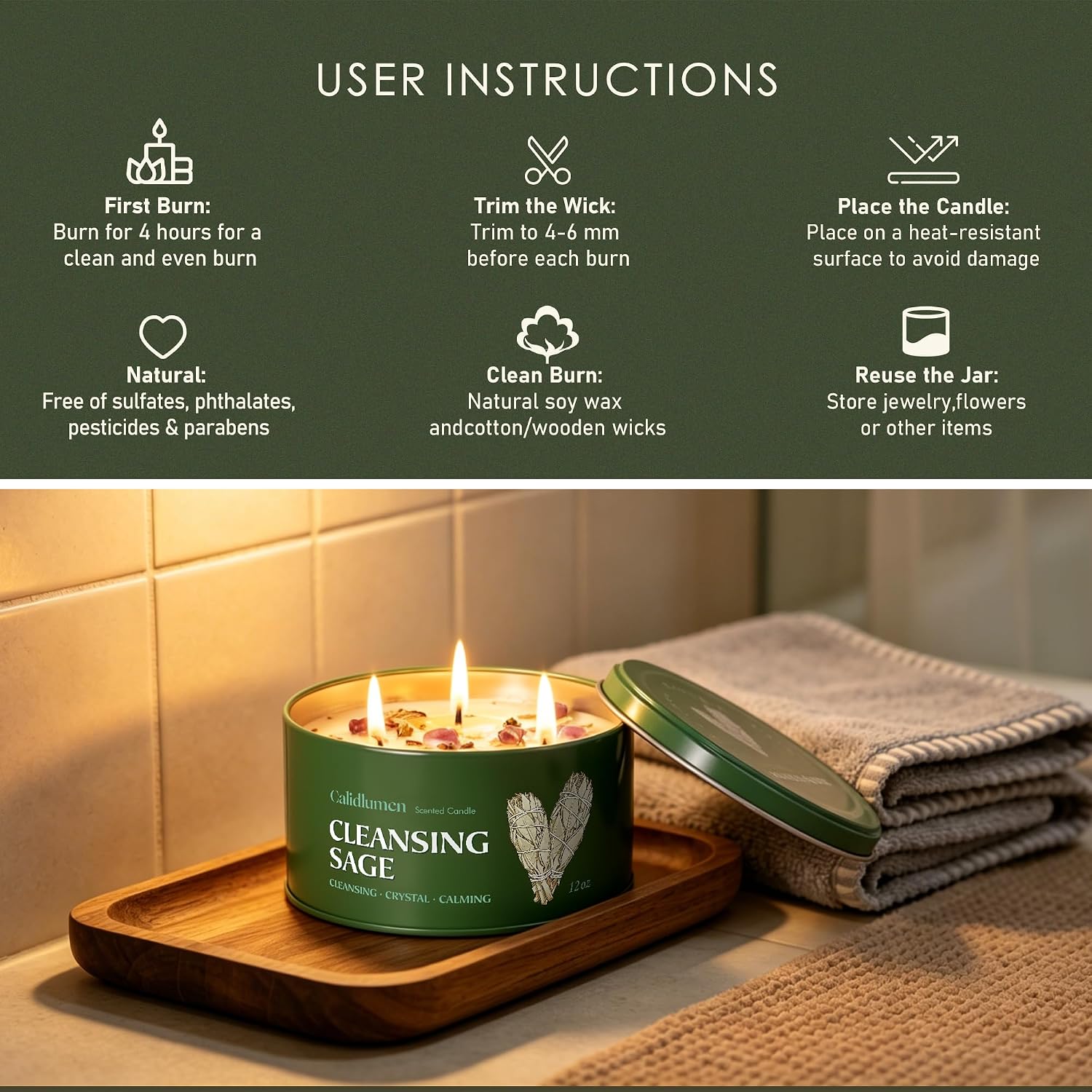 Sage Candle for Cleansing - 3 Wick 24 oz 2PC Soy Candle with Crystal and White Sage Crumbles, Organic Sage Candles Cleansing House Negative Energy