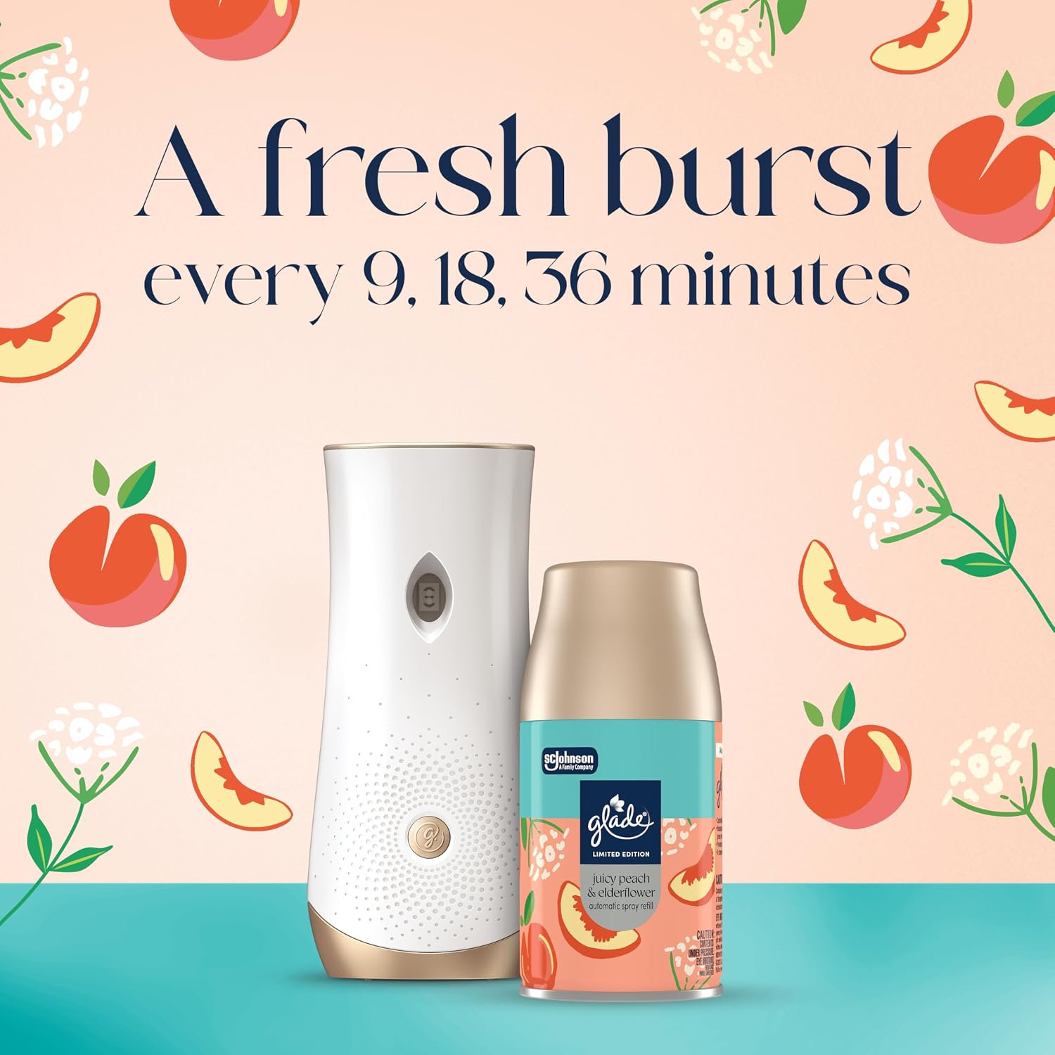 Glade Automatic Spray Refill, Juicy Peach & Elderflower, Scented Air Freshener for Home and Bathroom, 6.2 Oz, 2 Count