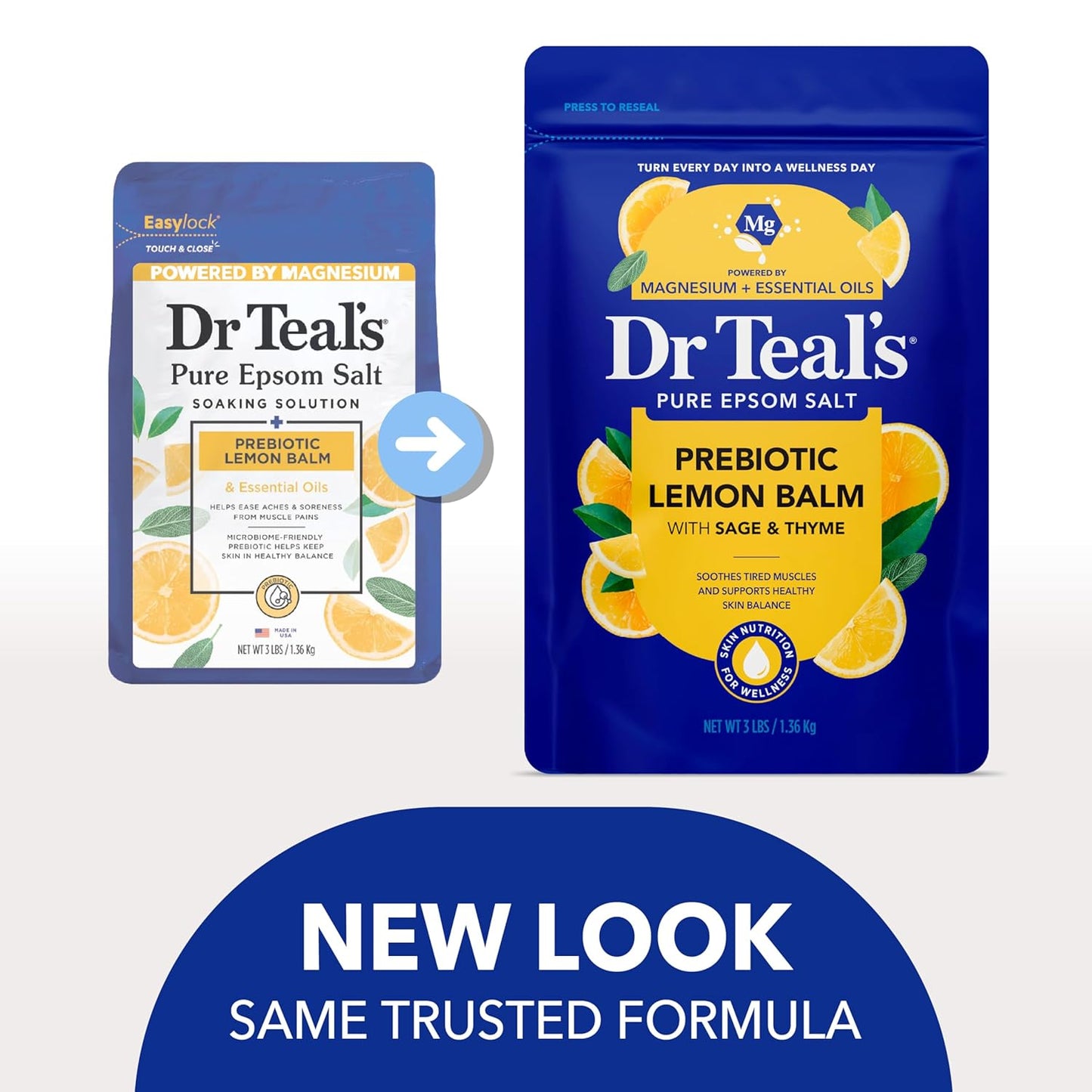 Dr Teal's Pure Epsom Magnesium Salt Soak, Prebiotic Lemon Balm & Essential Oil, 3 lbs (Pack of 4)