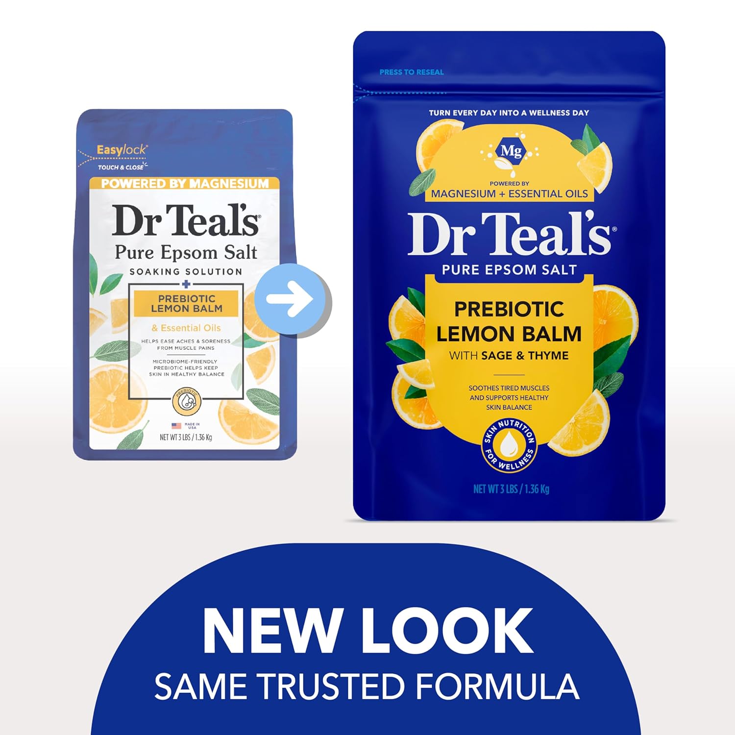 Dr Teal's Pure Epsom Magnesium Salt Soak, Prebiotic Lemon Balm & Essential Oil, 3 lbs (Pack of 4)