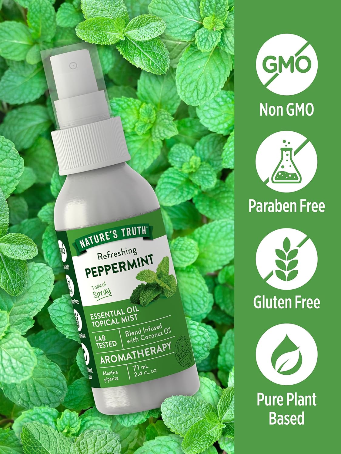 Nature's Truth Peppermint Essential Oil Spray | 2.4 Fluid Ounces | for Aromatherapy | Plant Based, Non-GMO & Gluten Free