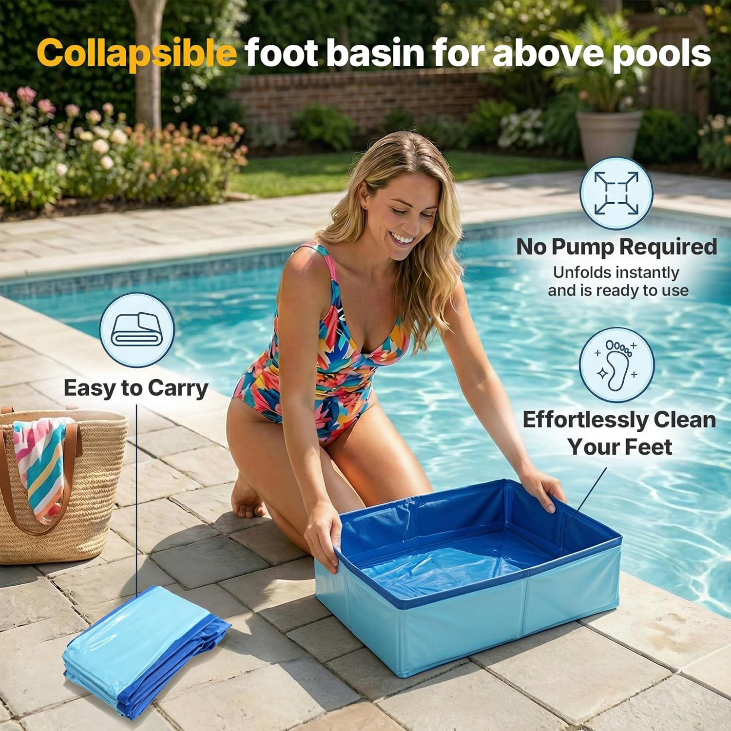Swimming Pool Foot Bath Basin, Collapsible Foot Bath for Above Pools Accessories for Above Pools Entry Ladder Portable for Beach Camping Spa Backyard Use, Square 16" L x 12" W