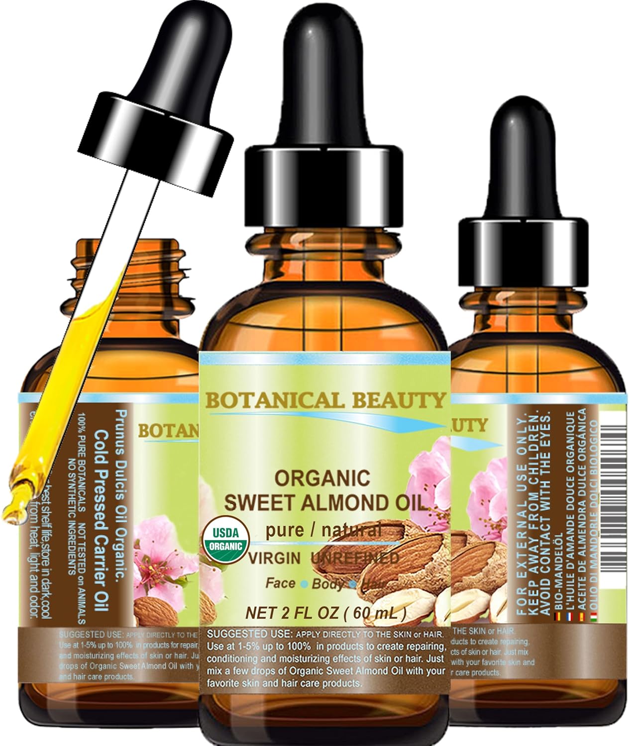 Botanical Beauty‎ Organic SWEET ALMOND OIL 100% Pure Natural Virgin Unrefined Undiluted Cold Pressed Carrier Oil for Face, Skin, Body, Hair, Massage, Nails. 2 Fl. oz - 60 ml
