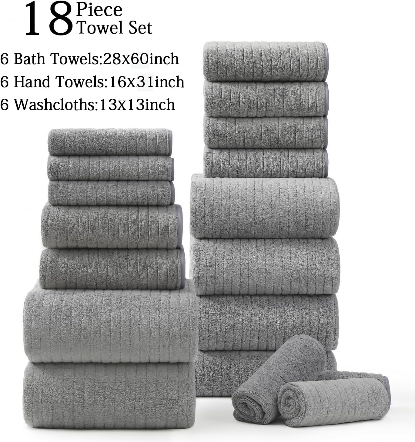 Hailea 18 Piece Family Bath Towel Set Include 6 Bath Towels,6 Hand Towels and 6 Washcloths Soft Bathroom Towel with Hanging Loops,Highly Absorbent Quick Dry Towels Set for Bathroom,Hotel and Spa-Grey