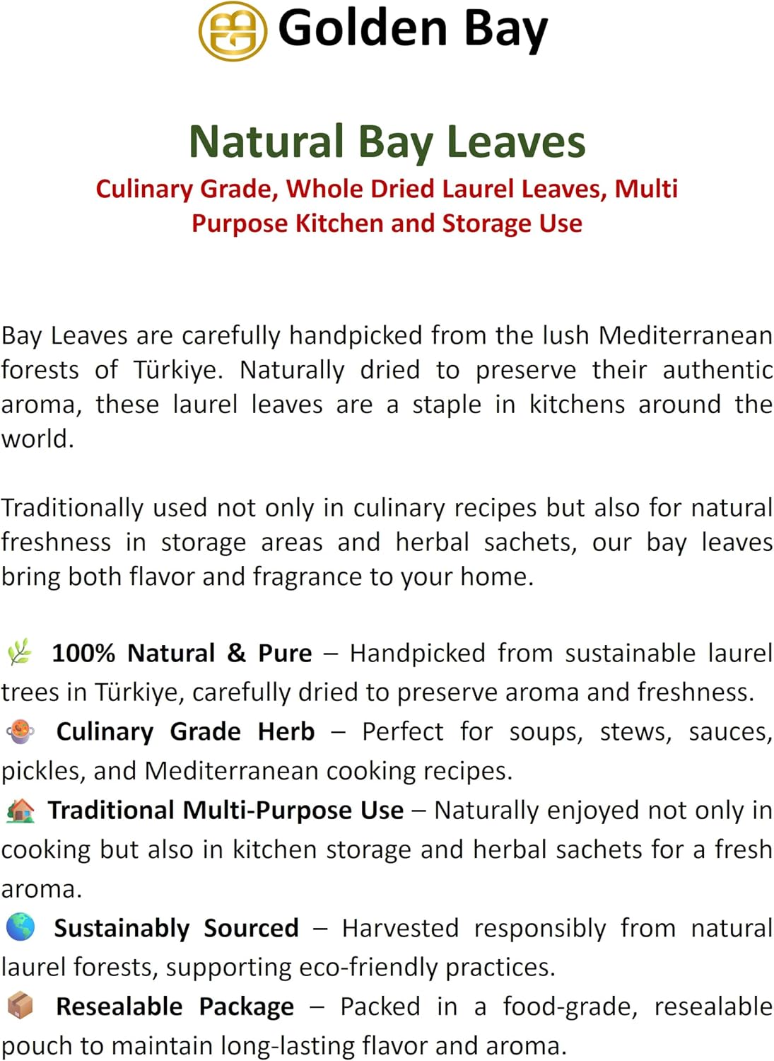 Golden Bay, Natural Dried Bay Leaves, 2.82 oz (80 g), Mediterranean Aroma for Pantry, Closet and Kitchen Freshness, 100% Pure Laurel Leaf Fragrance for Home and Storage Spaces