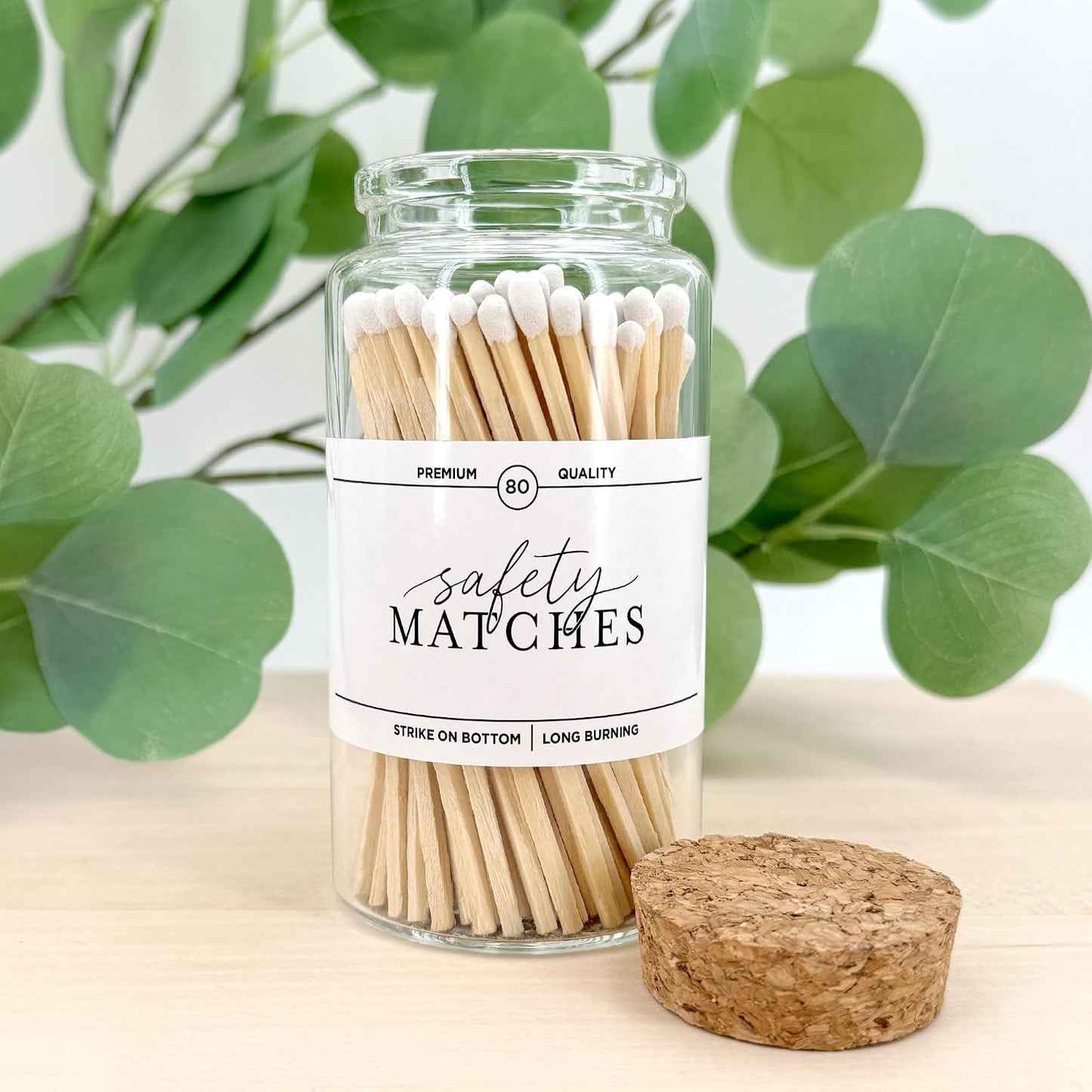 Wooden Matches in a Jar with Striker | Decorative Matches for Candles | Long Matches for Candles in Apothecary Glass Jar | Approx. 80 Safety Matches for Home Decor & Bathroom