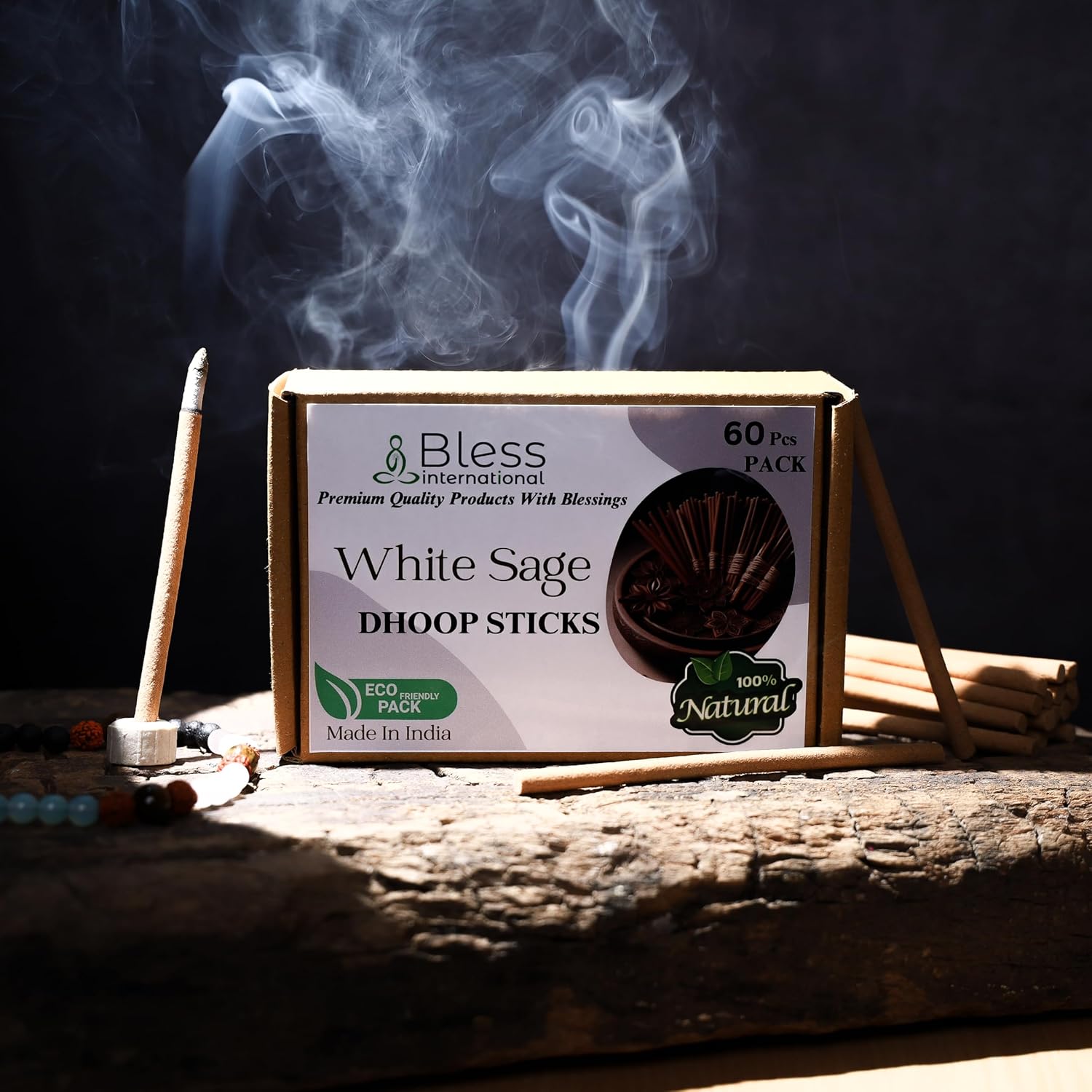 Bless-International White-Sage-100%-Natural-Incense-Bambooless-Dhoop-Sticks Handmade-Organic-Chemicals-Free for-Purification-Relaxation-Positivity-Yoga-Meditation The-Best-scents-4.5-Inches-60-Sticks
