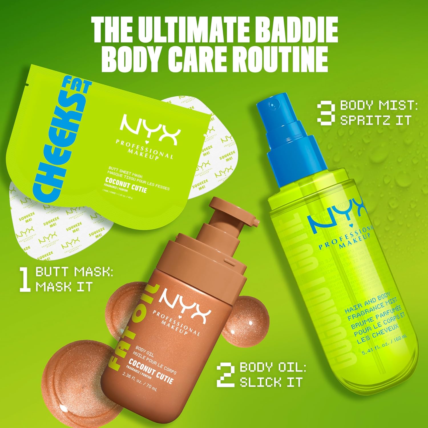 NYX PROFESSIONAL MAKEUP Fat Oil Body Oil in Coconut Cutie, Coconut Scented Body Glow Moisturizer With Vitamin E for 24HR Hydration and Glowing Skin, Golden Finish, Vegan & Cruelty-Free