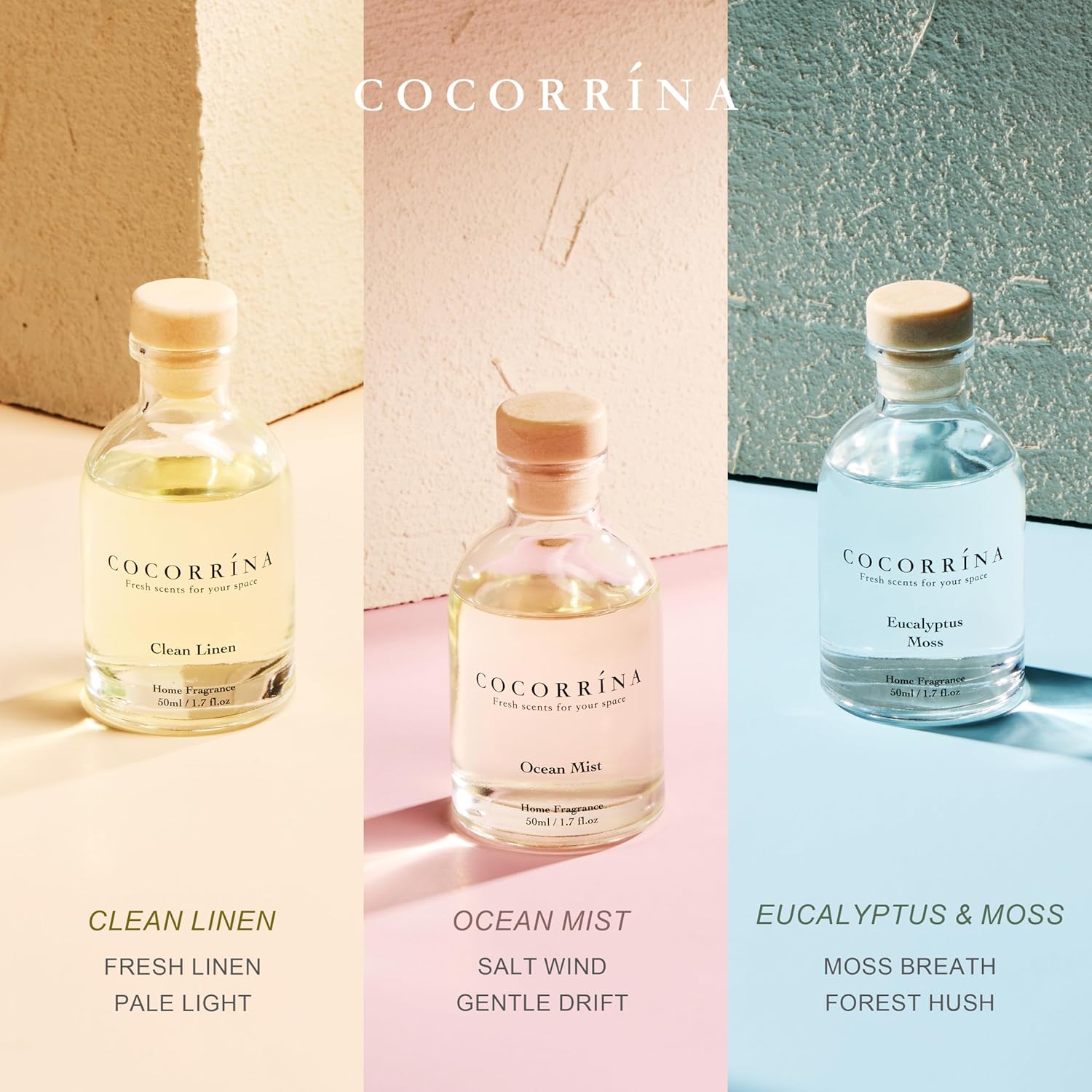 COCORRÍNA Eucalyptus Reed Diffuser Set of 3 - Eucalyptus & Moss, Clean Linen, Ocean Mist Scents, 1.7 fl oz Each, Total 5.1 oz, Scented Oil Diffusers for Home & Office